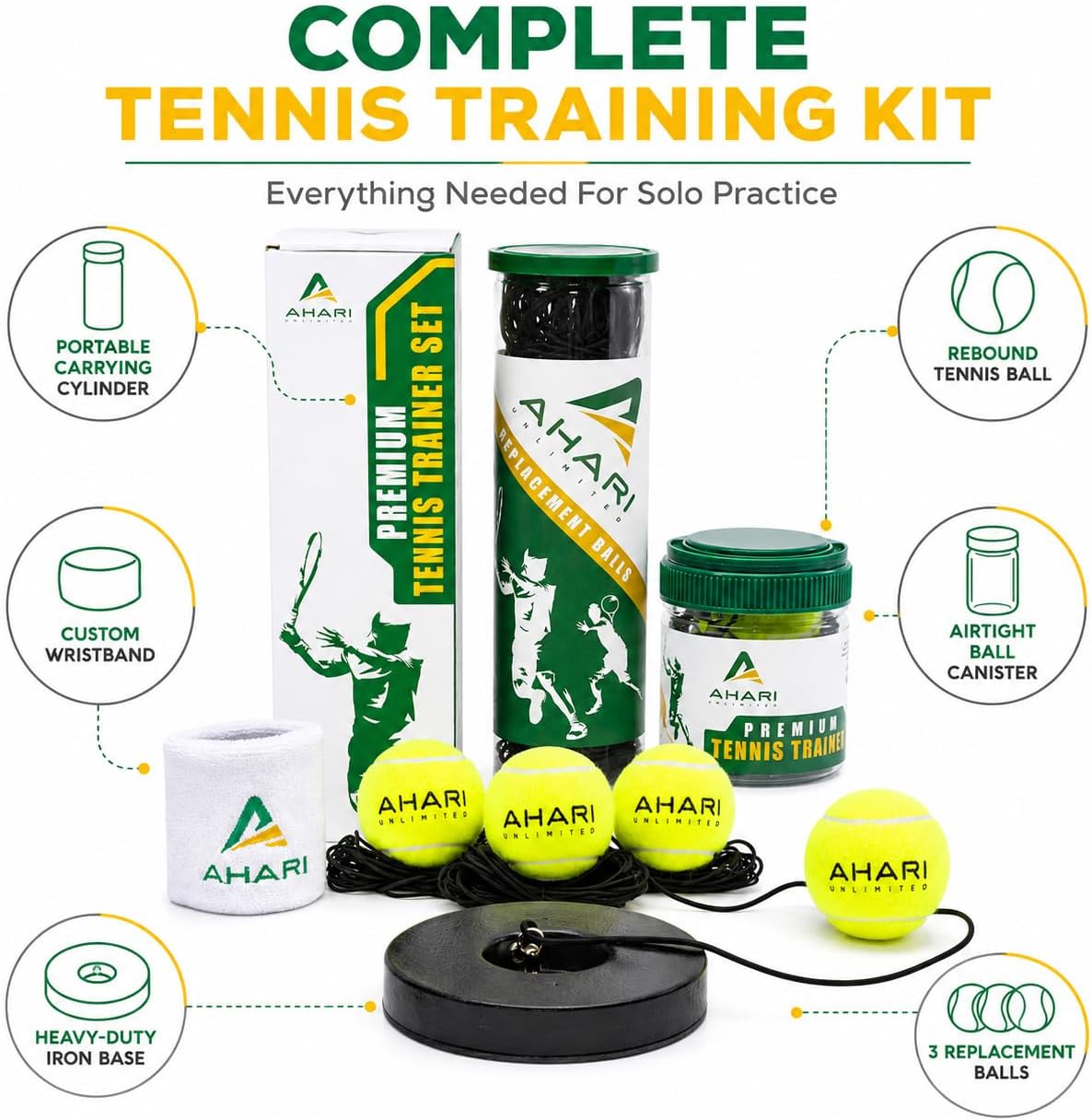 Premium Tennis Trainer Set, Pro Rebounder with Metal Base in a Carrying Cylinder, 3 Replacement Rebound Balls, & Wristband, Portable Tennis Practice Equipment for Solo Training