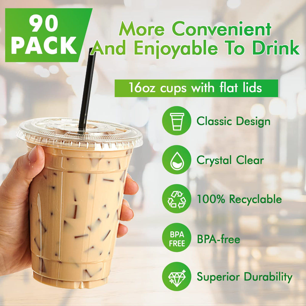 Lilymicky 200 Sets 10 oz Clear Plastic Cups With Flat Lids, 10 Ounce Disposable Drinking Cups for Smoothie, Slurpee, or Any Cold Drinks