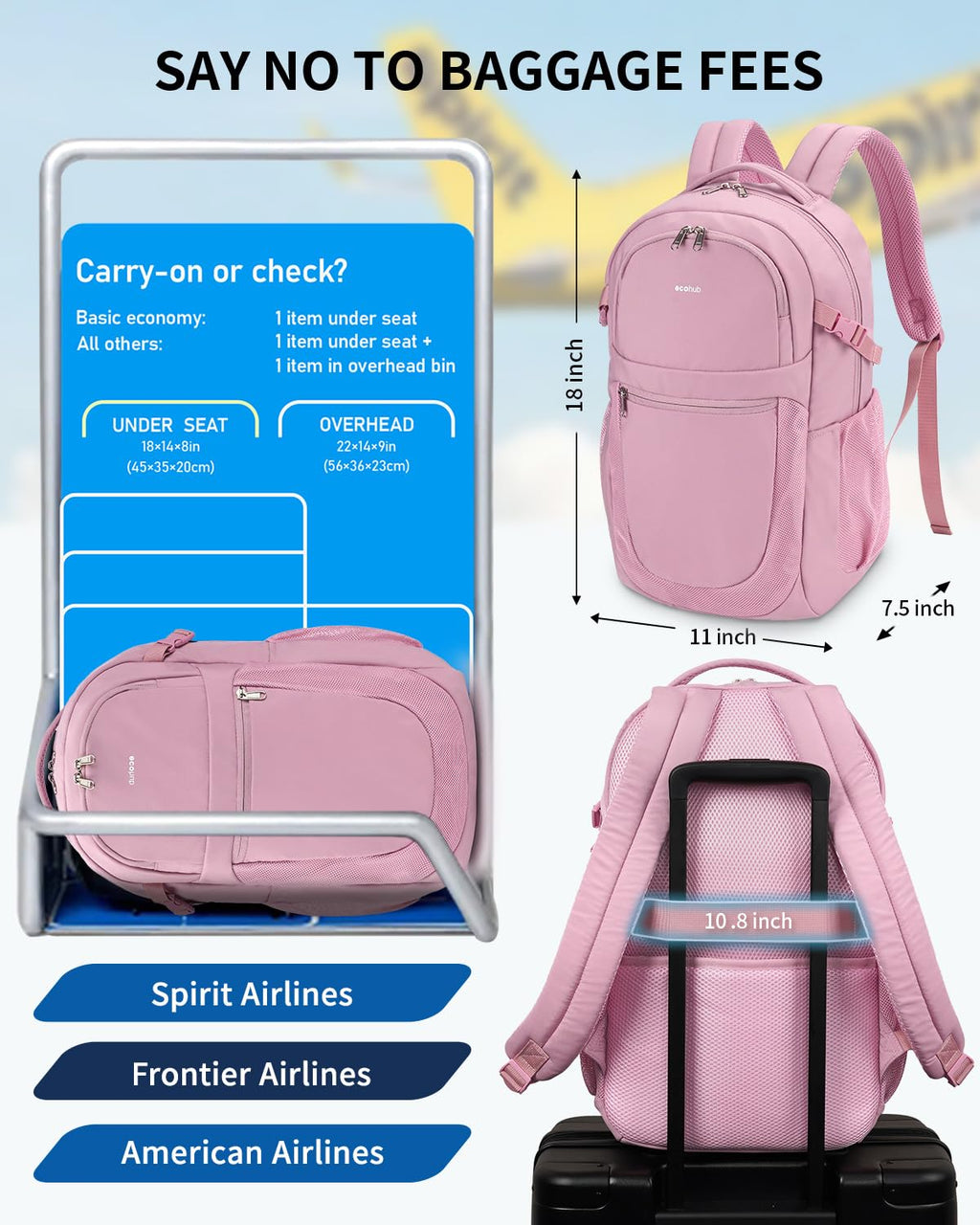 ECOHUB Travel Backpack for Women, 17.3 inch Suspended Laptop Backpack, Fashion Slim Water-Resistant College Computer Bookbag, 28L Personal Item Bag with 12 Pockets for Causal, Work, Beige