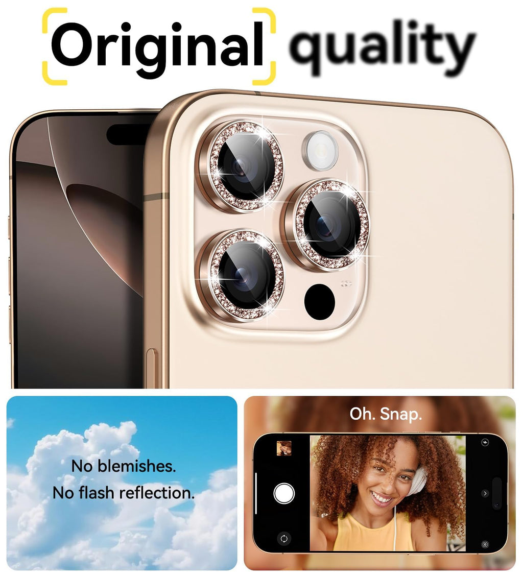 Matekxy Glitter Camera-Lens Protector for iPhone-16 Pro-Max - 16 Pro Anti-Scratch Tempered Glass with Aluminum Edging, Cute Girly Metal Individual Bling Ring Cover for Women, Black Titanium
