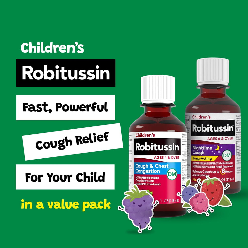 Children's Robitussin DM Day and Night Cough Relief Value Pack, Cough Medicine, Grape/Fruit Punch Flavor - 4 Fl Oz x 2