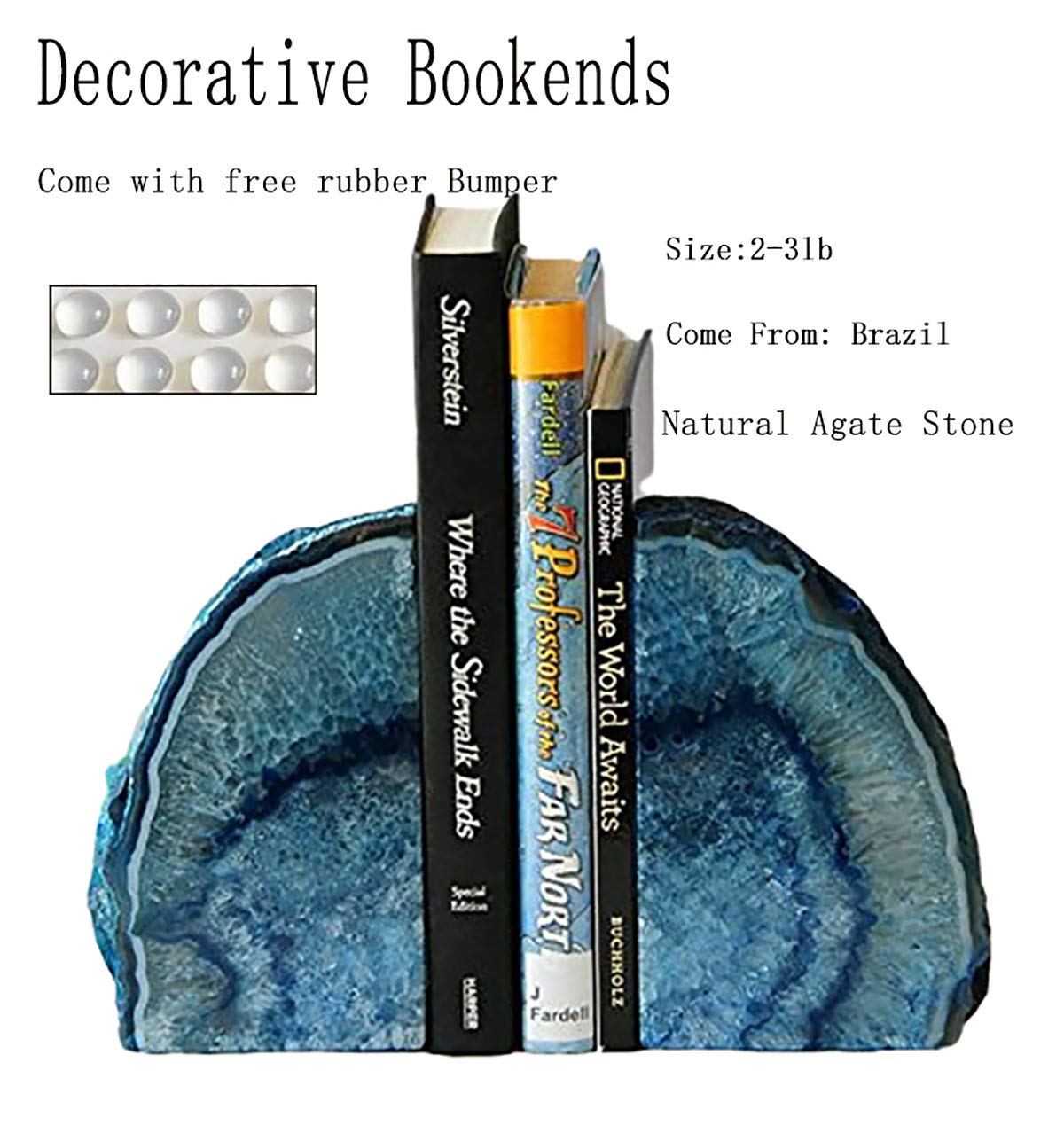 JIC Gem Black Agate Geode Bookends 2-3 Lbs Anti-Slip Rubber Pads Heavy Duty | 1Pair Natural Black Agate Crystal Decor for Shelves & Desk, Unique Small Stone Book Holder Gift for Office & Home Decoration
