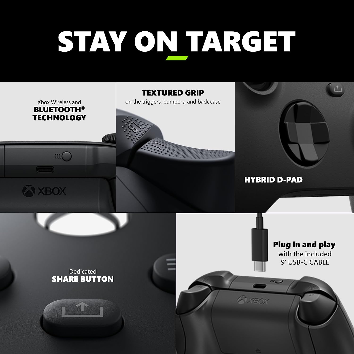 Xbox Core Wireless Gaming Controller + USB-C® Cable – Carbon Black Series X|S, One, Windows PC, Android, and iOS