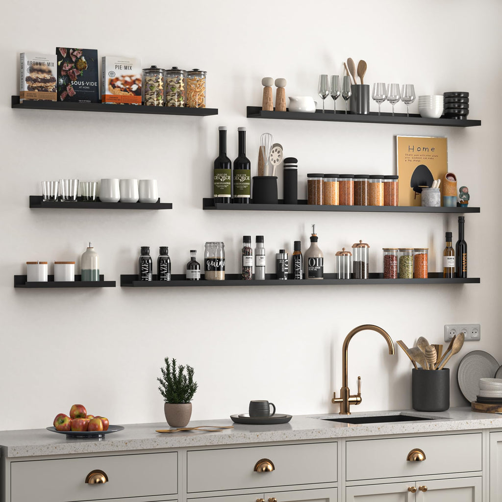 Heimlove Picture Ledge Shelf, Small Floating Shelves Set of 2, 16 Inches Picture Shelf for Wall with Ledge, Kids Bookshelf Wall Mounted for Living Room Bedroom Decor Books Photo Frames, Black