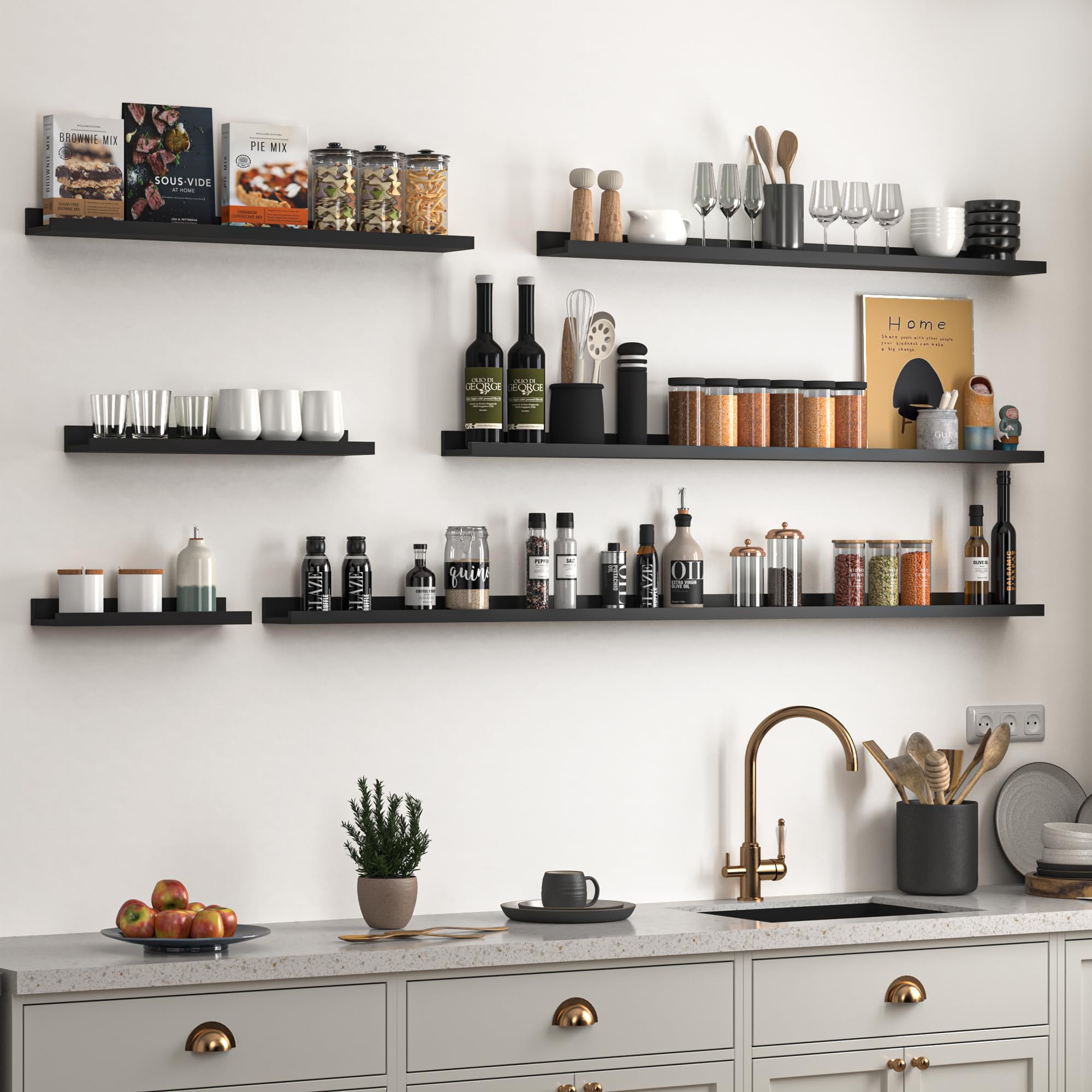 Heimlove Picture Ledge Shelf, Small Floating Shelves Set of 2, 16 Inches Picture Shelf for Wall with Ledge, Kids Bookshelf Wall Mounted for Living Room Bedroom Decor Books Photo Frames, Black