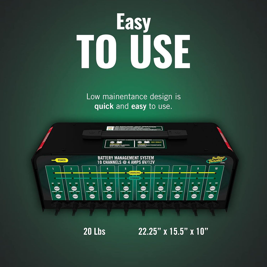 Battery Tender 10 Bank Multibank Charger - 40 AMP (4 AMPs Per Bank) - Selectable 12V / 6V - Smart and Switchable 12V Multi Battery Charger and Maintainer - 021-0134-DL-WH