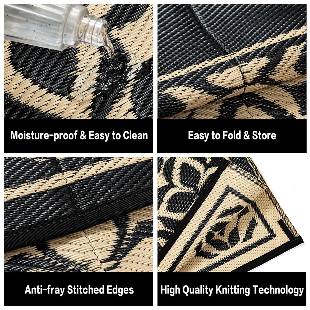 PureCozy Outdoor Plastic Straw Rug Black Beige Large Outside Waterproof Outdoor Patio 5x8 Carpet Geometric Reversible Mat Modern for Camping RV Porch Deck Balcony Beach