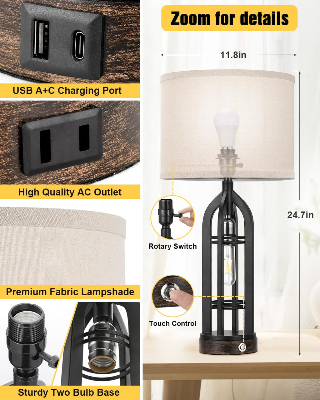 Seealle Table Lamp for Living Room Set of 2 - Wood-Like Bedside Lamp for Bedroom with USB C+A & Outlet, Farmhouse Lamps for Night Stands, 3-Way Dimmable Touch Lamps for Living Room