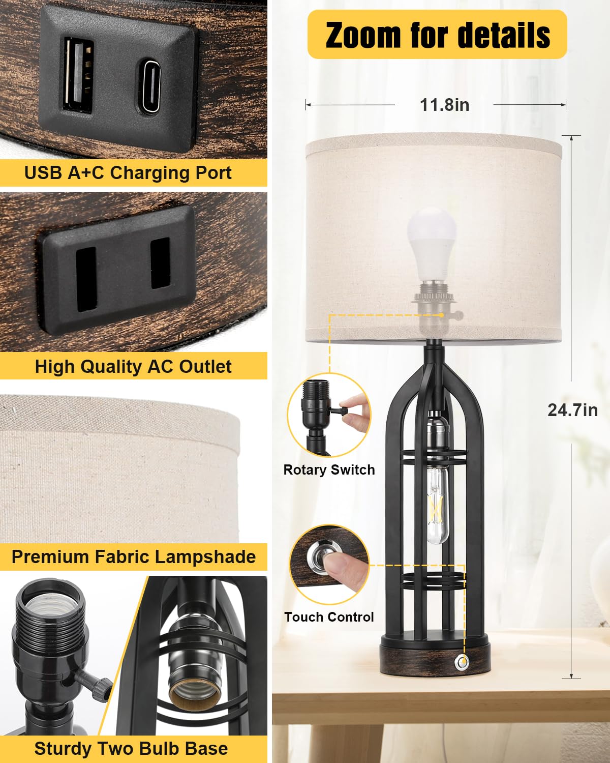 Seealle Table Lamp for Living Room Set of 2 - Wood-Like Bedside Lamp for Bedroom with USB C+A & Outlet, Farmhouse Lamps for Night Stands, 3-Way Dimmable Touch Lamps for Living Room