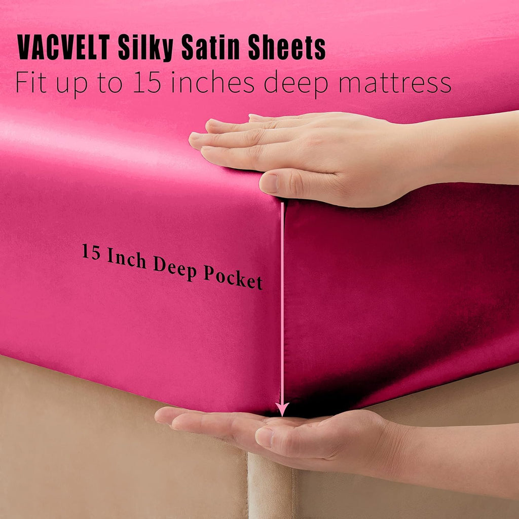 VACVELT 3pcs Beige Satin Sheets Twin Size Bed Set, 15 Inch Deep Pocket Silky Satin Sheet Set, Soft Satin Bedding Set Cooling & Luxury Bed Sheets, 1 Fitted Sheet + 1 Flat Sheet + 1 Pillowcase