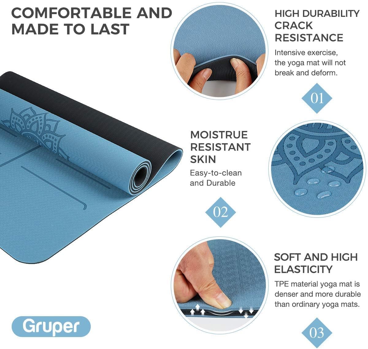 Gruper Yoga Mat Non Slip TPE Extra Wide Yoga Mat with Alignment Mark, 72"L x 32"W x 0.32"/0.24"Th (183cm x 80cm x 8mm/6mm), Anti-Tear Exercise Mat with Carrying Strap and Bag, Workout Mats for Yoga, Pilates