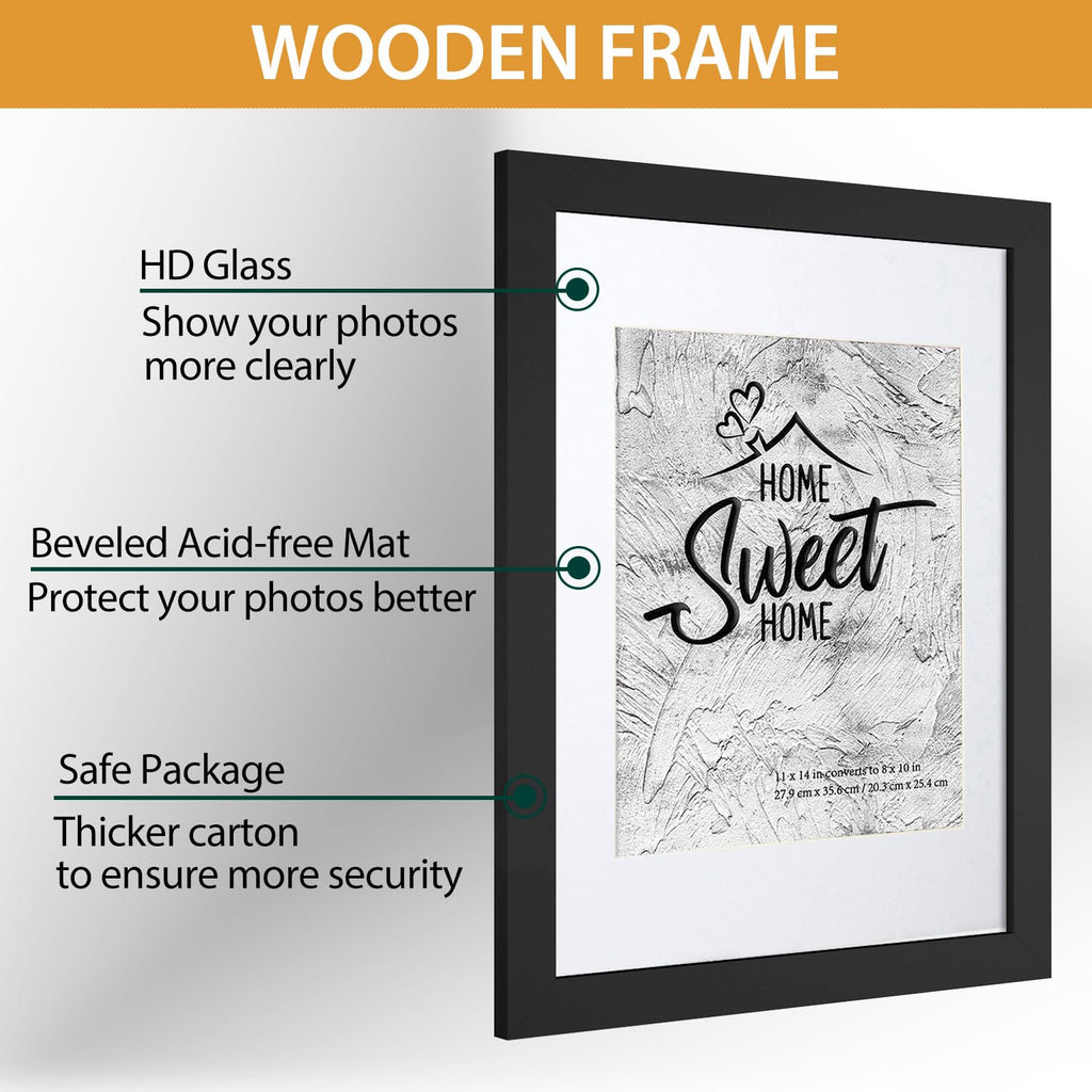Califortree Black 11x14 Picture Frame - Display Photos 8x10 with Mat or 11x14 Without Mat - HD Glass Inside, Set of 2