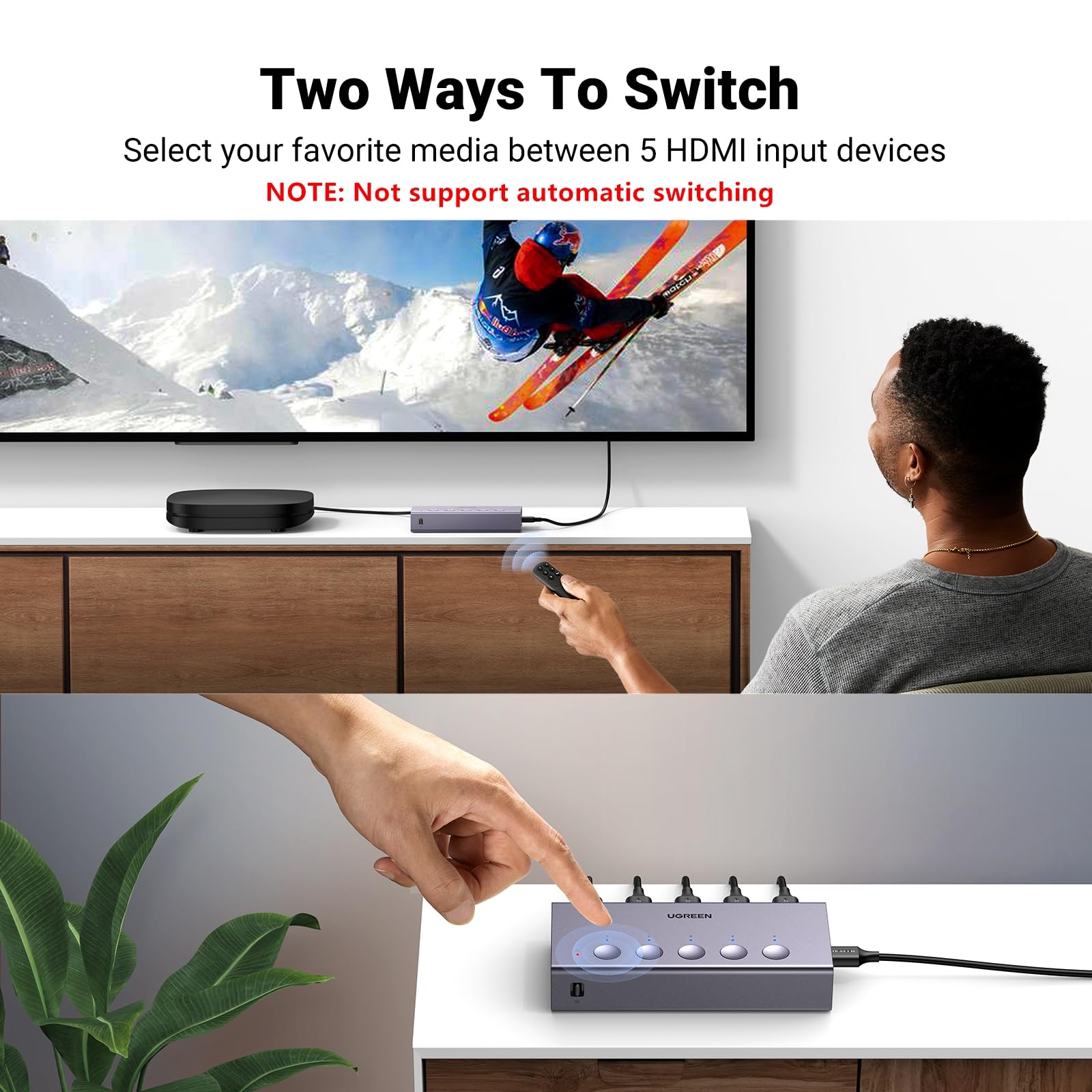 UGREEN HDMI Switch 5 in 1 Out 4K@60Hz, HDMI Splitter with Remote 5 Port Switcher Selector Box Support 3D CEC HDR HDCP2.2 Compatible with PS5/4/3 Xbox Nintendo Switch Roku TV Fire Stick Black