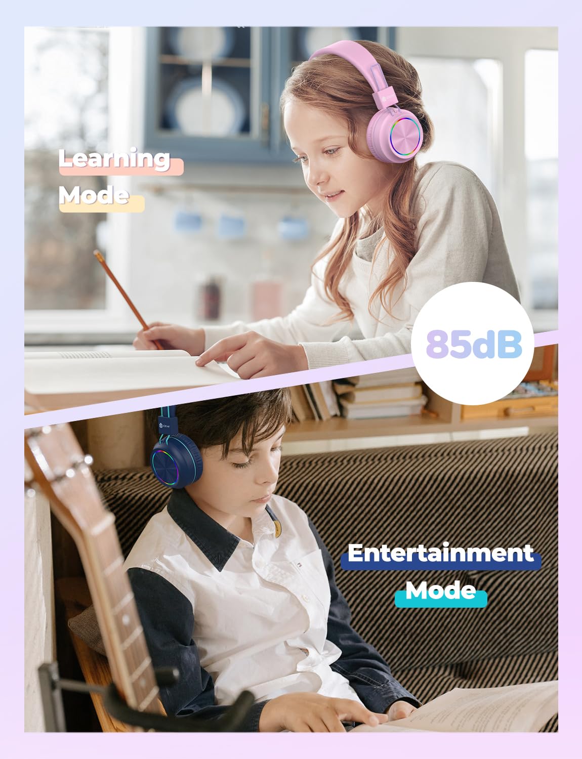 iClever BTH03 Kids Bluetooth Headphones, Colorful LED Lights,35H Playtime, Bluetooth 5.4, Type C Fast Charging, Stereo Sound Mic,On Ear Kids Wireless Headphones for iPad Airplane (Blue&Pink, 2 Pack)