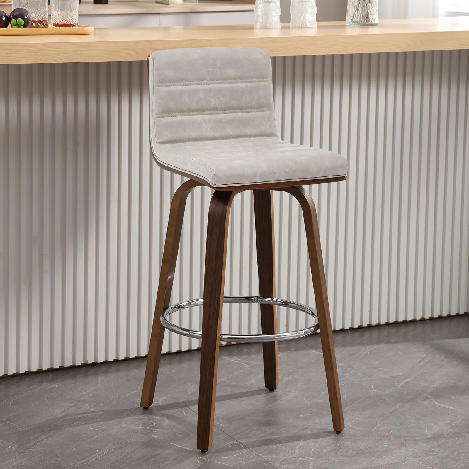 Bar Stools 29 Inch Bar Height, Swivel Bar Stools with Backs Upholstered PU Leather Barstool, L Shape Back and Padded Seat, Mid-Century Modern Bar Stool Pub Chairs for Kitchen Counter Island, Black