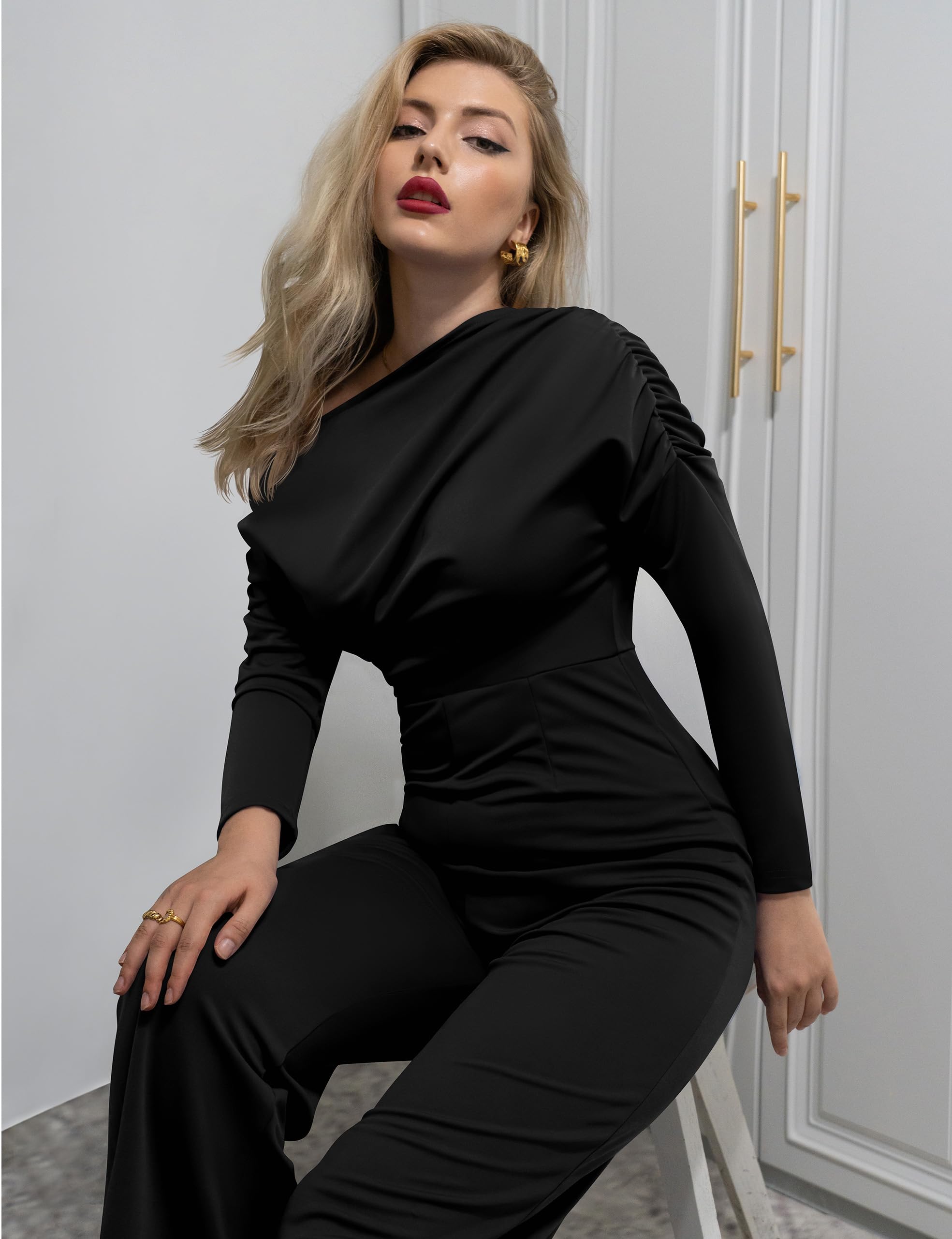 YMDUCH Women's Fall Elegant Long Sleeve Off Shoulder Wide Leg Long Pant Jumpsuits