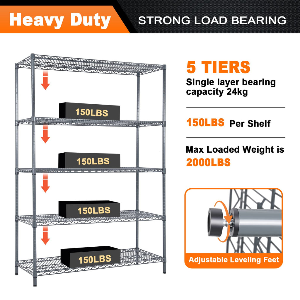 Land Guard 5 Tier Black Storage Racks and Shelving - 48" L x 20" W x 72" H Heavy Steel Material Pantry Shelves - Each Unit Loads 350 Pounds Wire Shelf, Suitable for Warehouses, Closets, Kitchens……