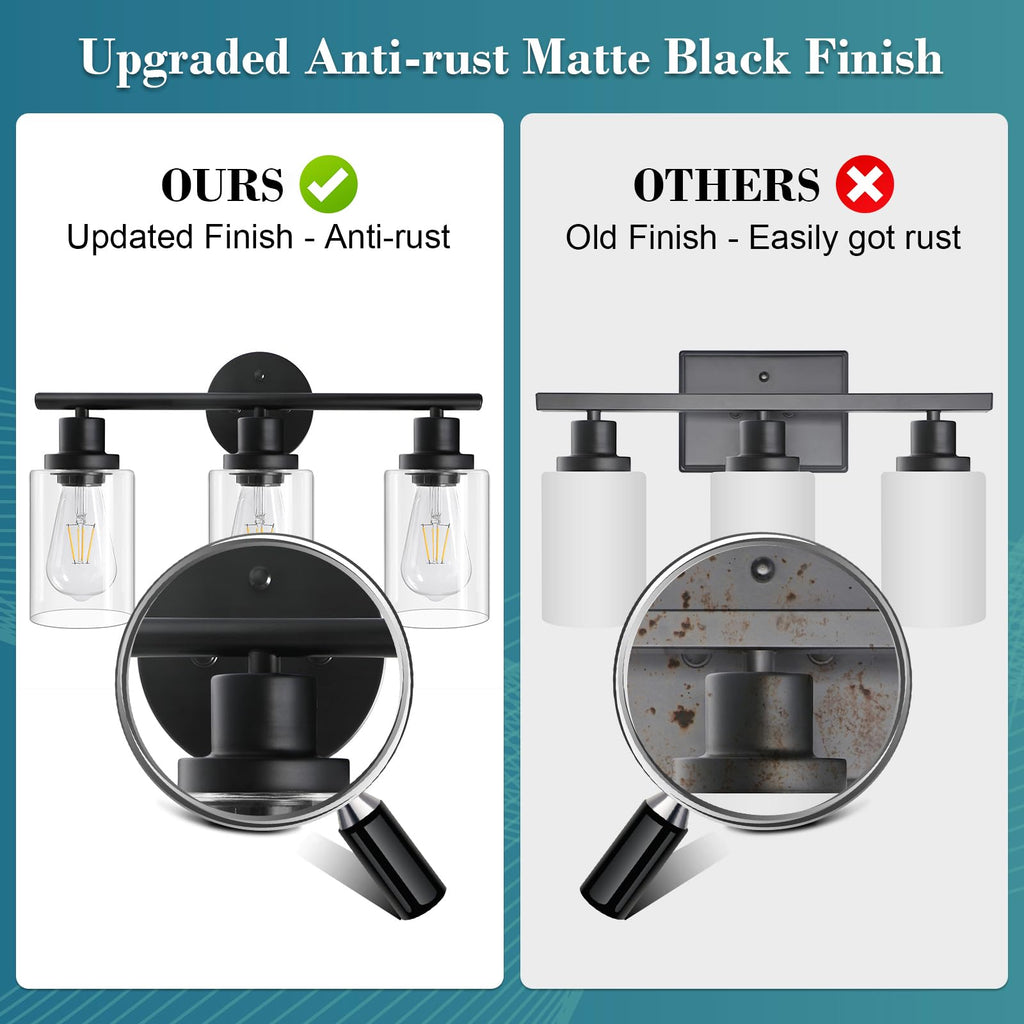Unicozin 2 Pack Modern Bathroom Light Fixtures, 3 Light Vanity Lights, Black Wall Lamp with Clear Glass for Bathroom, Mirror, Living Room, Bedroom, Hallway, E26 Base