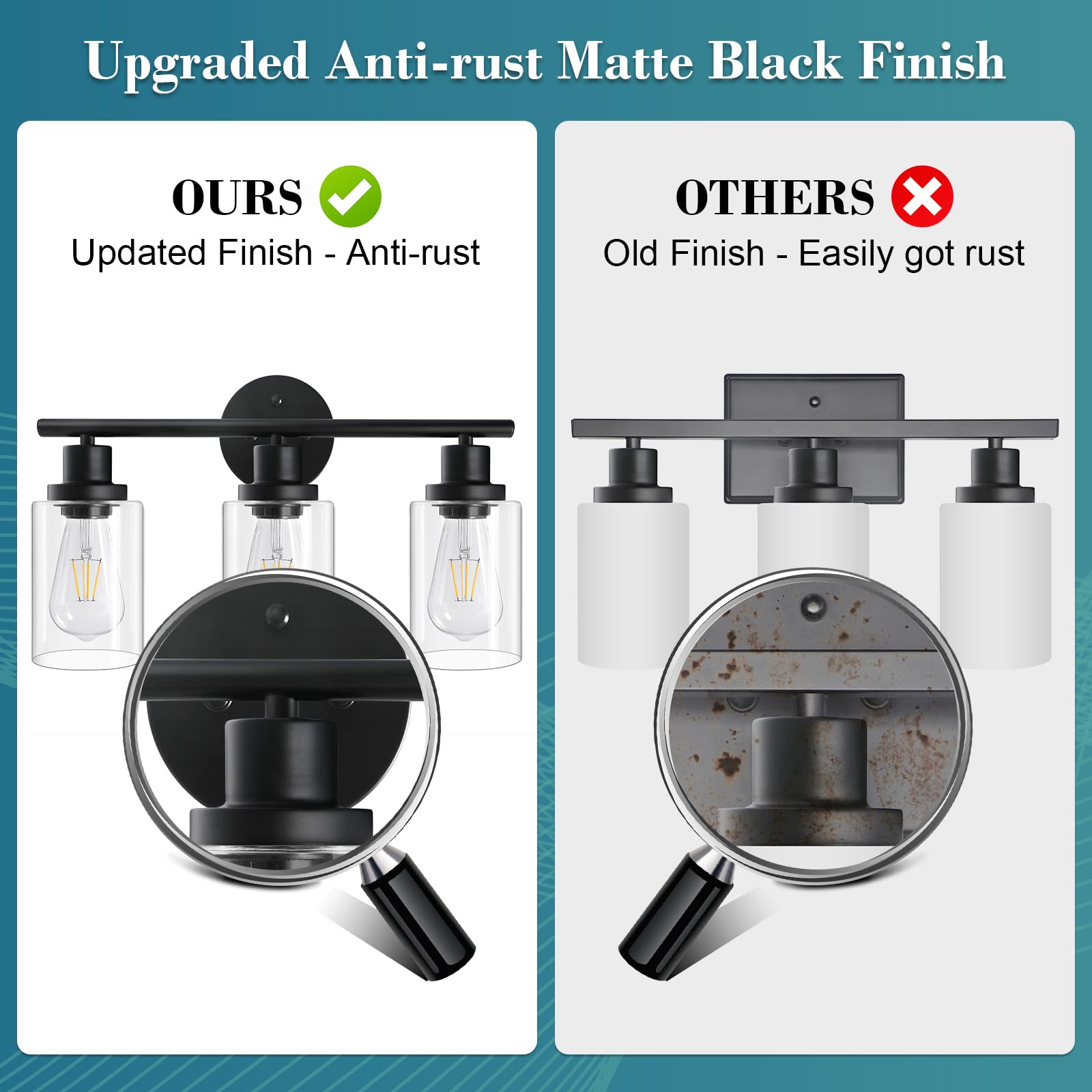 Unicozin 2 Pack Modern Bathroom Light Fixtures, 3 Light Vanity Lights, Black Wall Lamp with Clear Glass for Bathroom, Mirror, Living Room, Bedroom, Hallway, E26 Base
