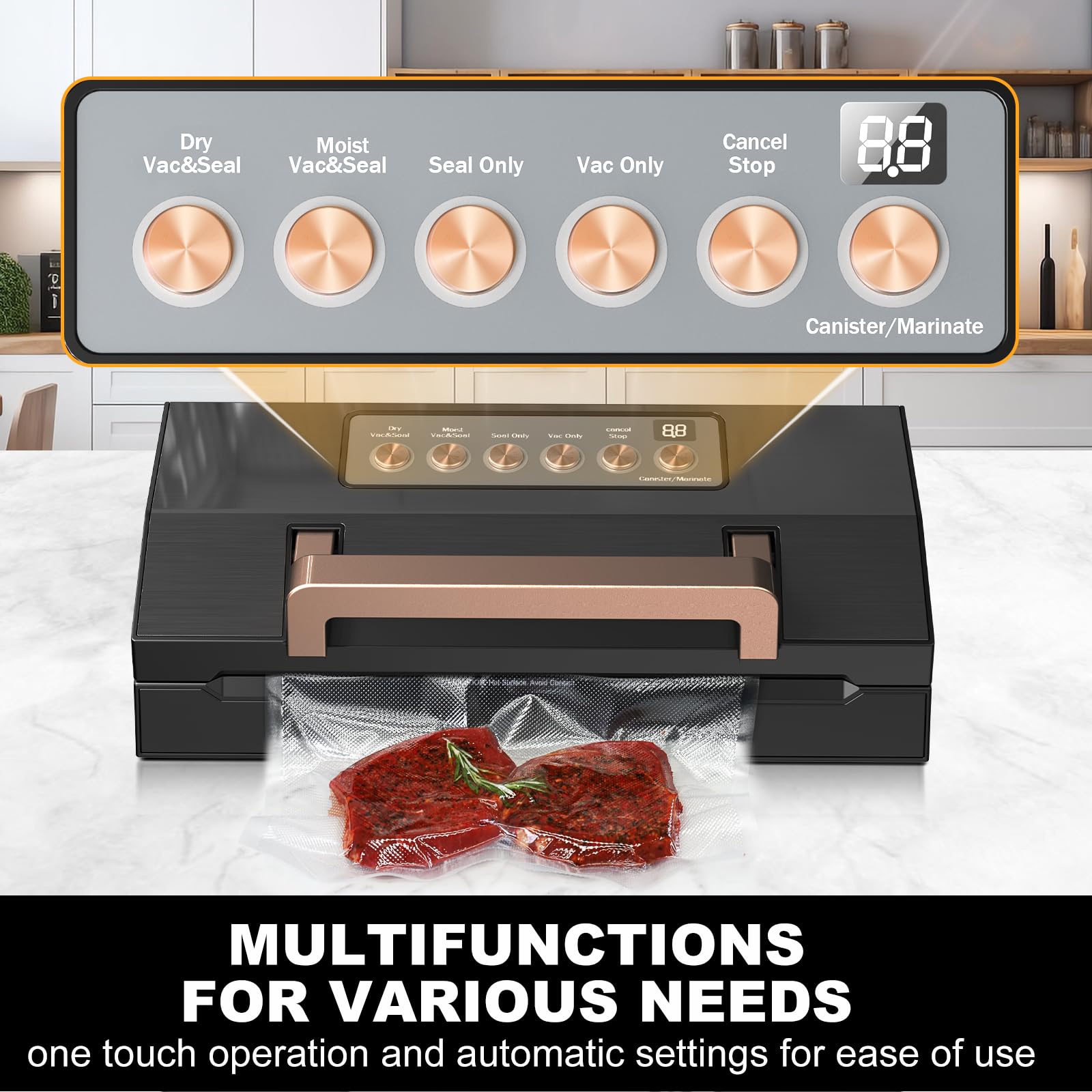 Powerful Suction Vacuum Sealer Machine,Commercial Fully Automatic Food Vacuum Sealer with Double Heat Seal,Dry & Moist Modes,Built-in Cutter,Bags Storage,Easy-Lock Handle,Include 2 Bag Rolls (Black)
