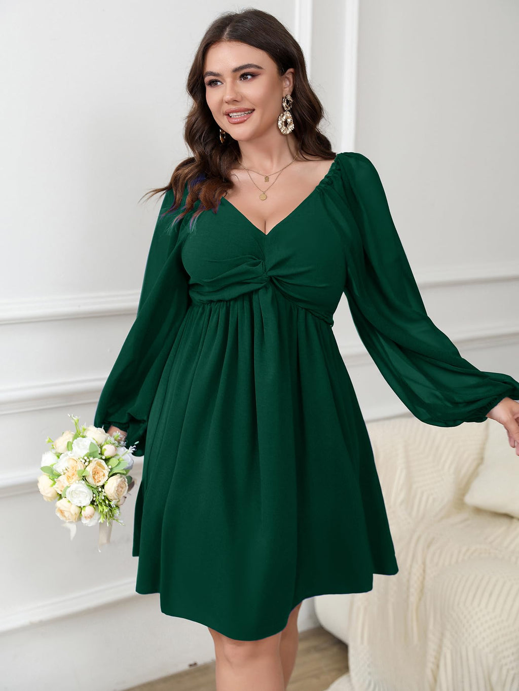 SCOMCHIC Women's Plus Size Puff Long Sleeve Dresses Sweetheart Neckline A Line Short Wedding Guest Cocktail Dress