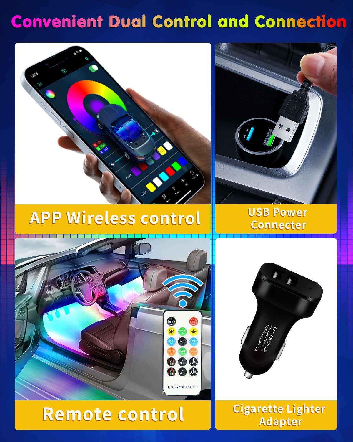 RGB Interior Car Strip Lights with Smart APP Control, Music Sync Under Dash Footwell Neon Internal Lighting Kit 2 Lines Design,12V LED Strip Lights for Cars, Trucks, SUVs with Car Charger(1 Set)