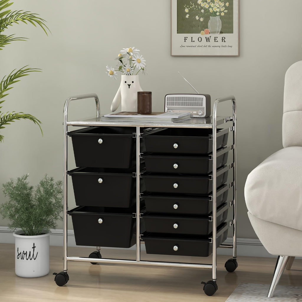LDAILY 9 Drawer Rolling Storage Cart, Rolling Cart with Drawers for Classroom, Art Supply Craft Organizer on Wheel with Metal Frame & Handles for Home Office School