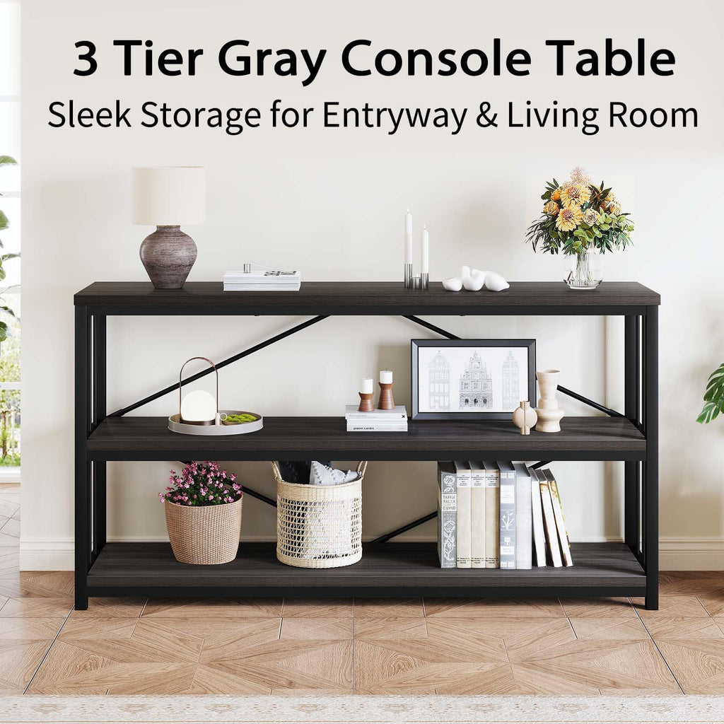 LVB Black Console Table, Modern Entryway Table for Hallway Living Room, Industrial Sofa Table Behind Couch, Farmhouse Wooden Metal Entry Table for Foyer with 3-Tier Storage Shelves, Black Oak, 55 Inch