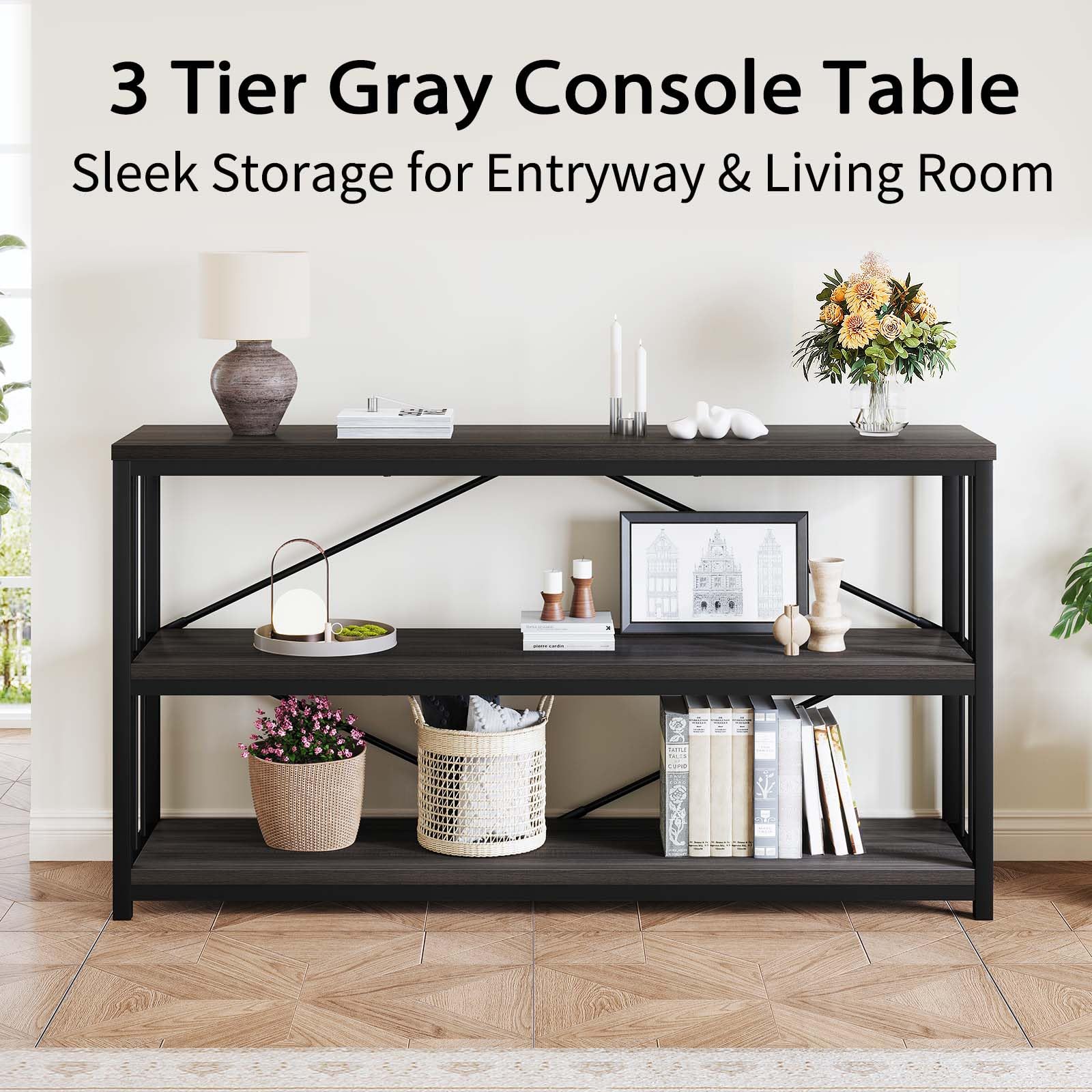 LVB Black Console Table, Modern Entryway Table for Hallway Living Room, Industrial Sofa Table Behind Couch, Farmhouse Wooden Metal Entry Table for Foyer with 3-Tier Storage Shelves, Black Oak, 55 Inch