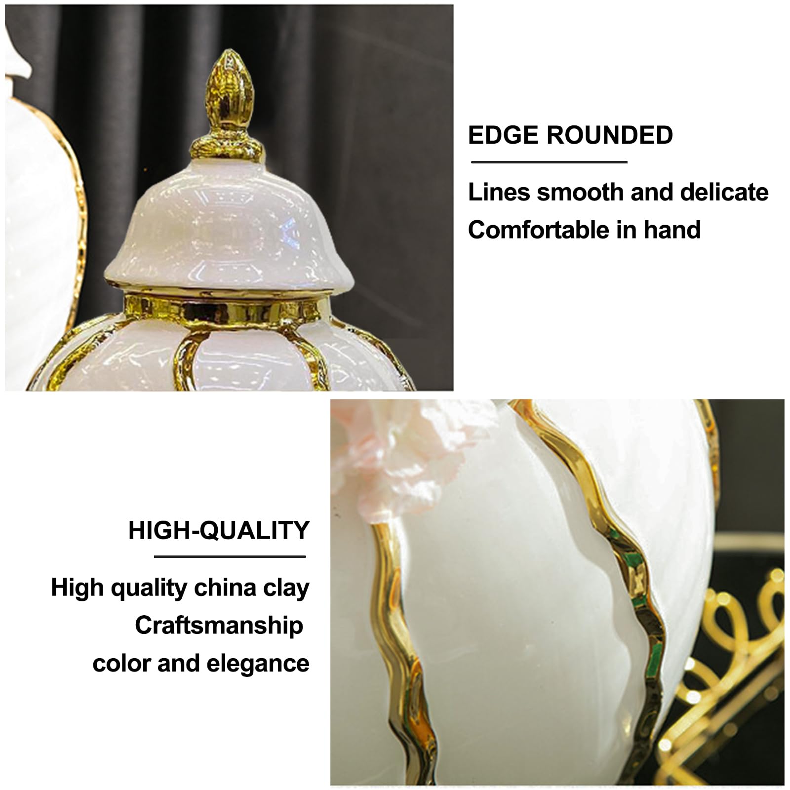 Ginger Jar, White Gold Ceramic Vase Large Handmade Porcelain Vases with Lid, White Gold Decorative Flower Vase for Home, Living Room, Weddings, Centerpieces (18in with Lid)