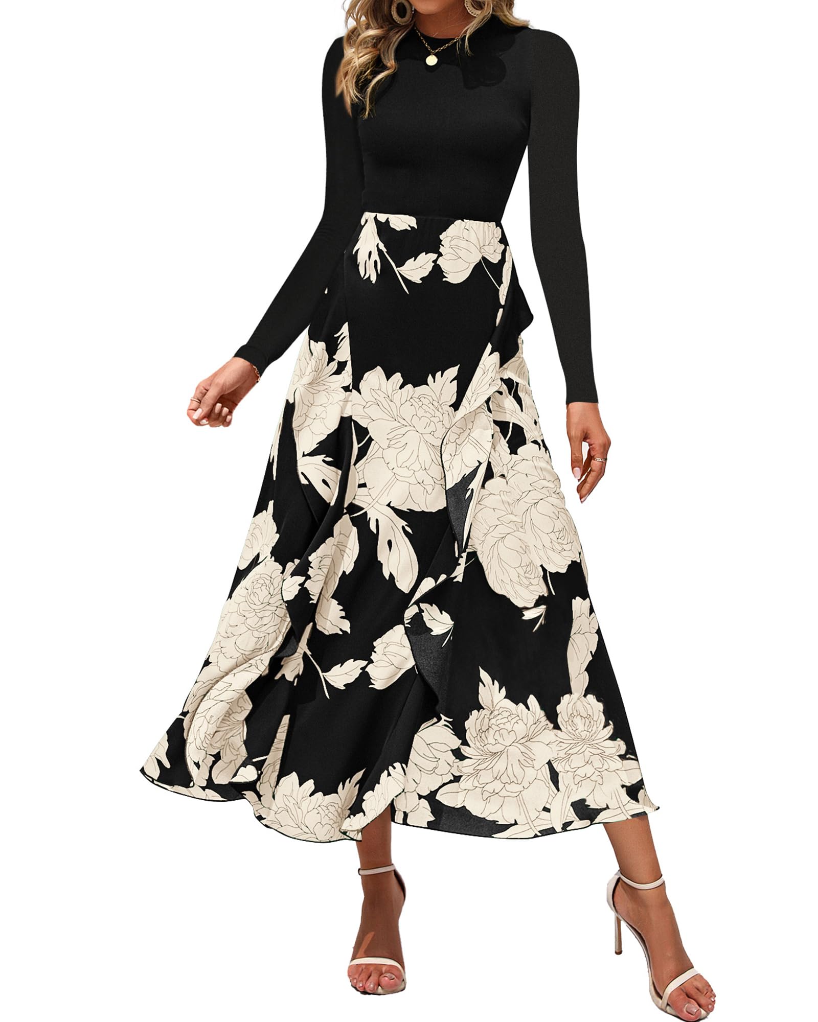 BTFBM Womens Floral Maxi Dress Fall 2025 Casual Crewneck Long Sleeve Ruffle Flowy Cocktail Wedding Guest Dresses