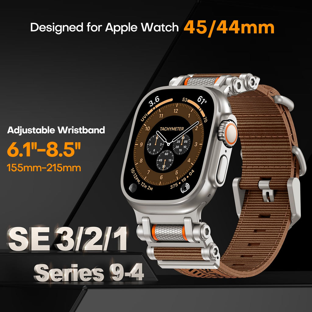 TAURI Nylon for Apple Watch Bands SE/Series 9/8/7/6/5/4 44/45mm, Rugged Nylon Braided Strap & Stainless Steel Connector – iWatch 44mm/45mm Adjustable Woven Band for Men Women, All Black