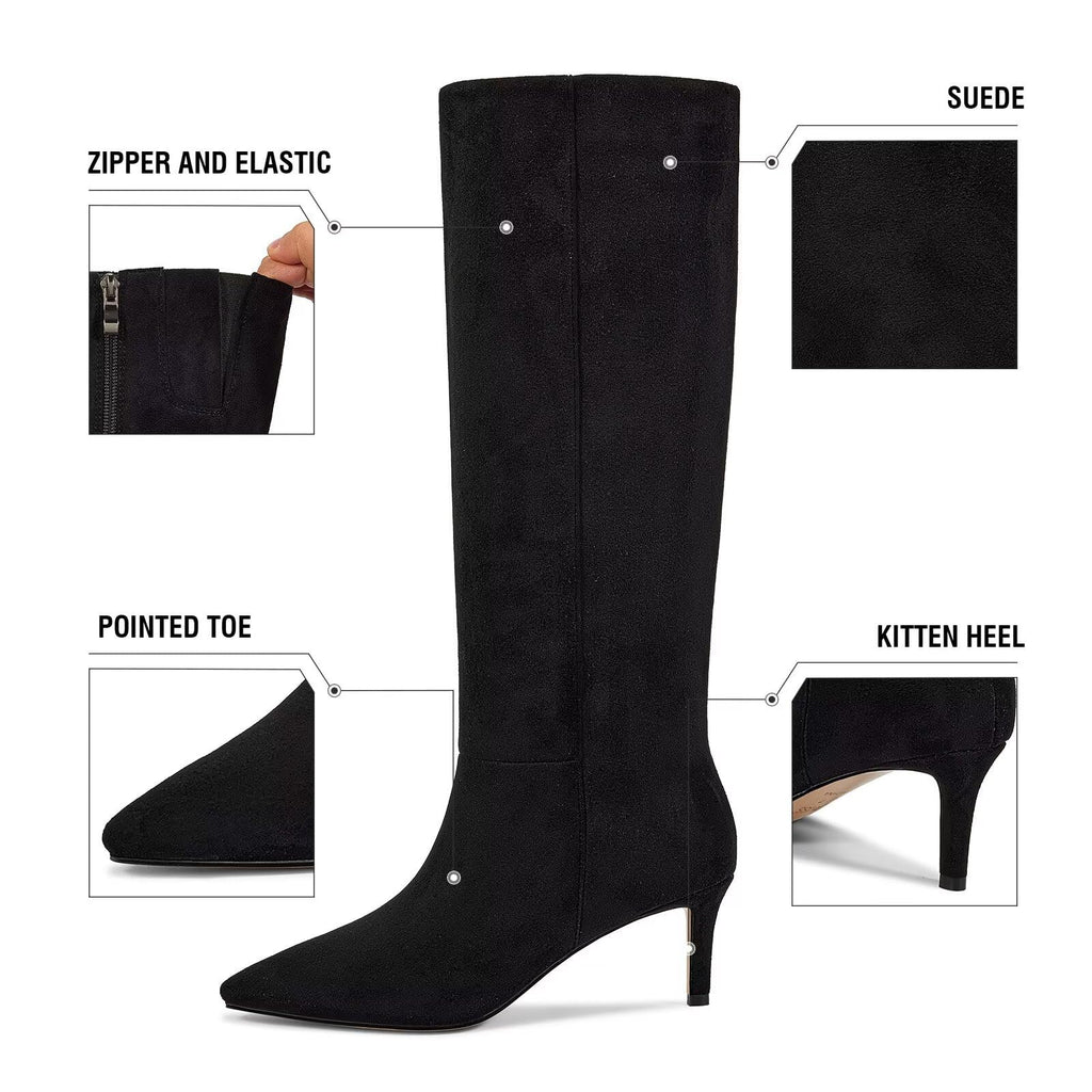 wetkiss Knee High Boots for Women - Pointed Toe Kitten Heel & Crocodile, Side Full Zipper for Easy Wear, All-Day Comfort Boots for Work, Party and Daily Chic Style