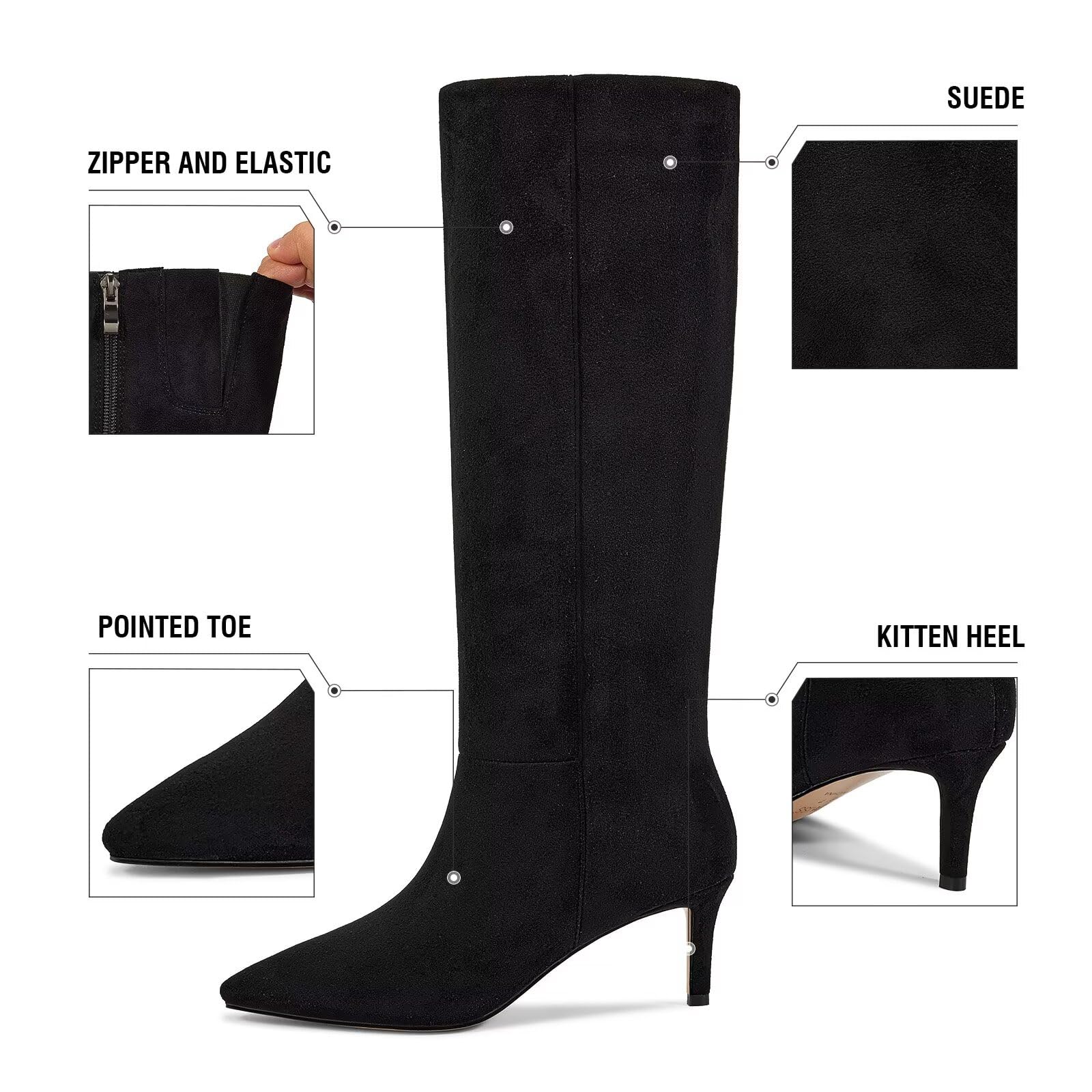 wetkiss Knee High Boots for Women - Pointed Toe Kitten Heel & Crocodile, Side Full Zipper for Easy Wear, All-Day Comfort Boots for Work, Party and Daily Chic Style