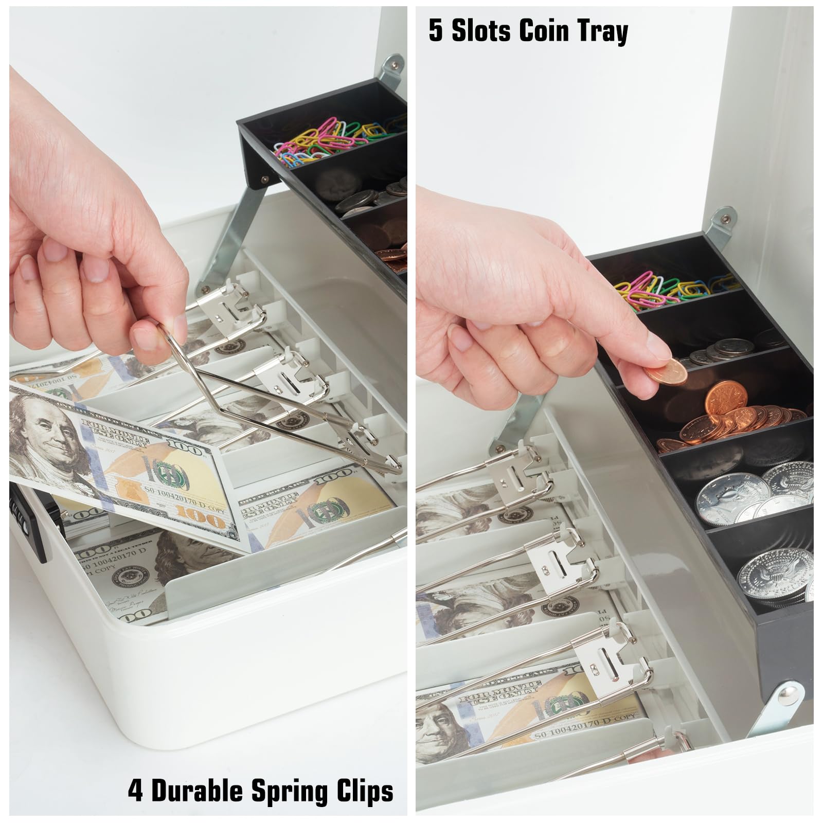 Cash Box with Money Tray and Key Lock, Saving Lock Box with Money Tray Storage for Cash Register 11.8"x9.45"x3.54" Black XL Large