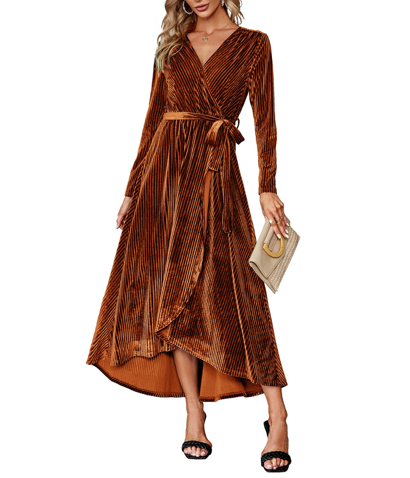 BerryGo Women's Velvet V Neck Wrap Semi Formal Dress Cocktail Party Maxi Dress for Wedding Guest
