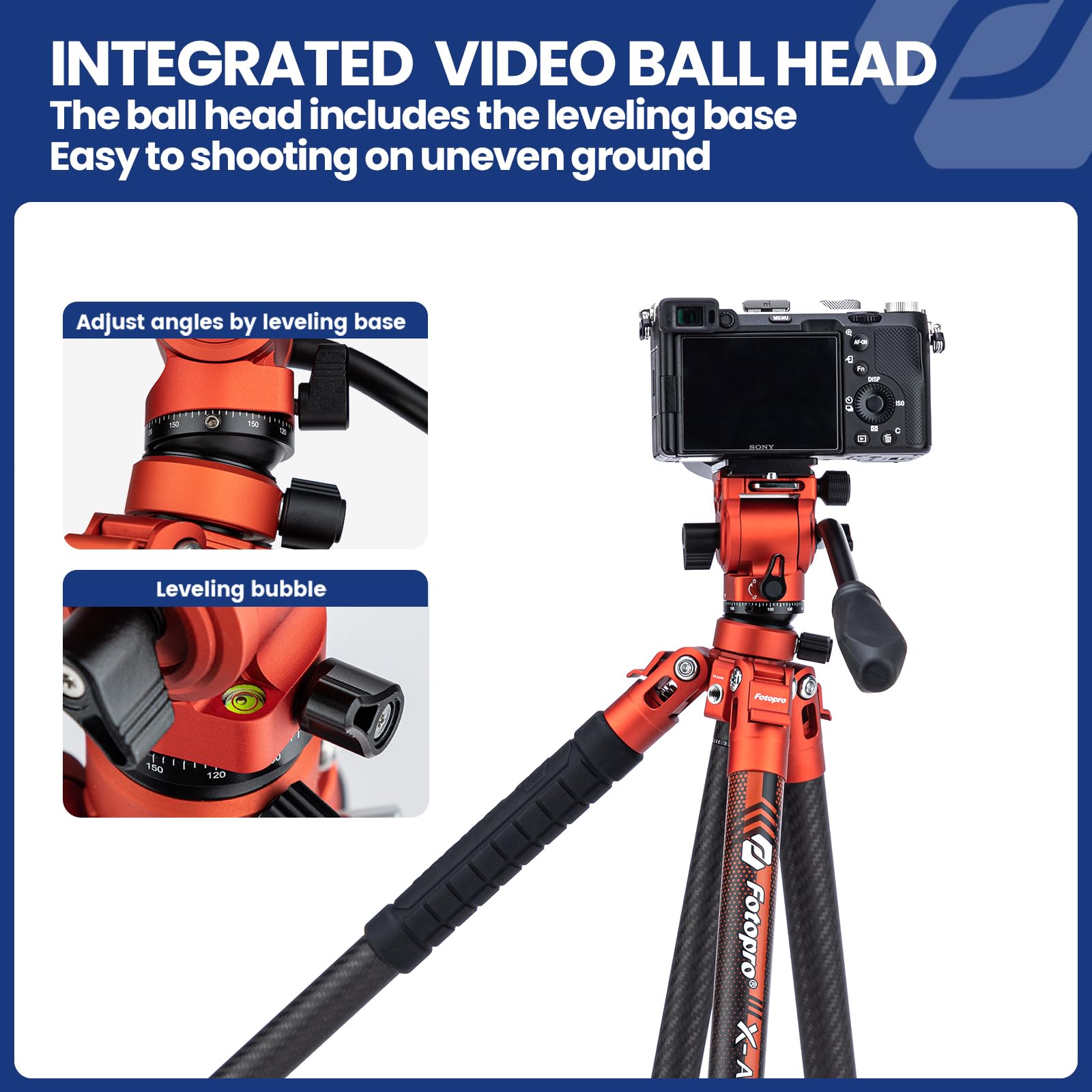 Fotopro 60" Camera Tripod, Carbon Fiber Travel Tripod with 360° Ball Head, Ultralight 2.1lbs, 22lbs Load, Quick Lock, Folds to 14.3" Carry-On, for DSLR Mirrorless Cameras, X-Aircross 3 Blue