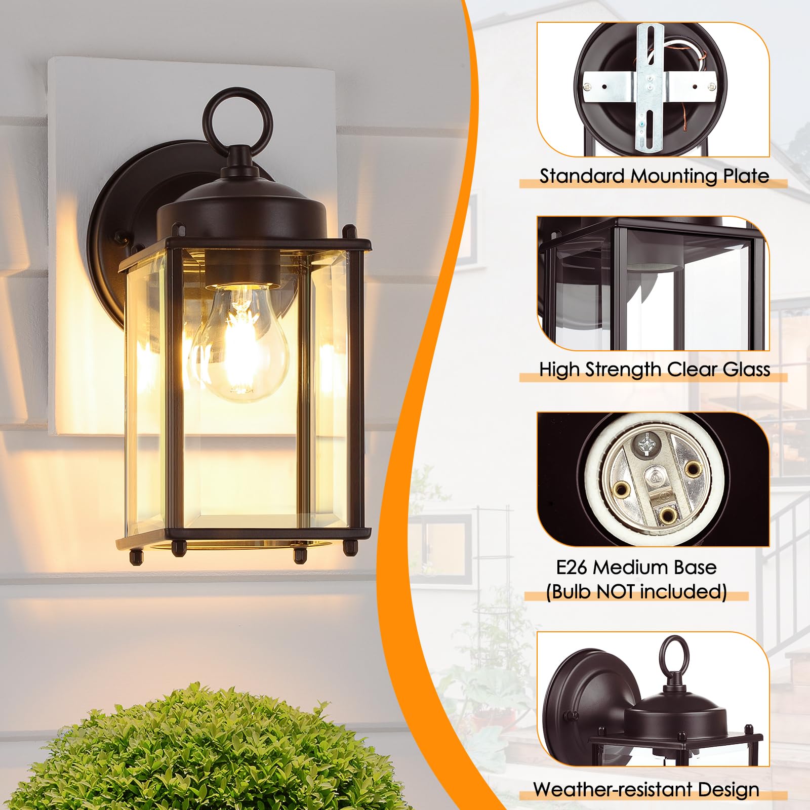 MATAMEYE Outdoor Wall Lantern, Exterior Dark Chocolate Waterproof Wall Sconce Lighting Fixture, Front Door Wall Lamp with Clear Beveled Glass, 2 Pack