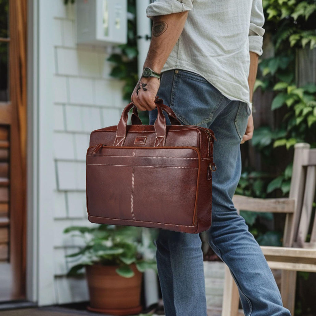 LEATHER VILLAGE 16" Leather Laptop Messenger Briefcase Bag for Men-Leather Satchel for Travel and Office Shoulder Bag-Black