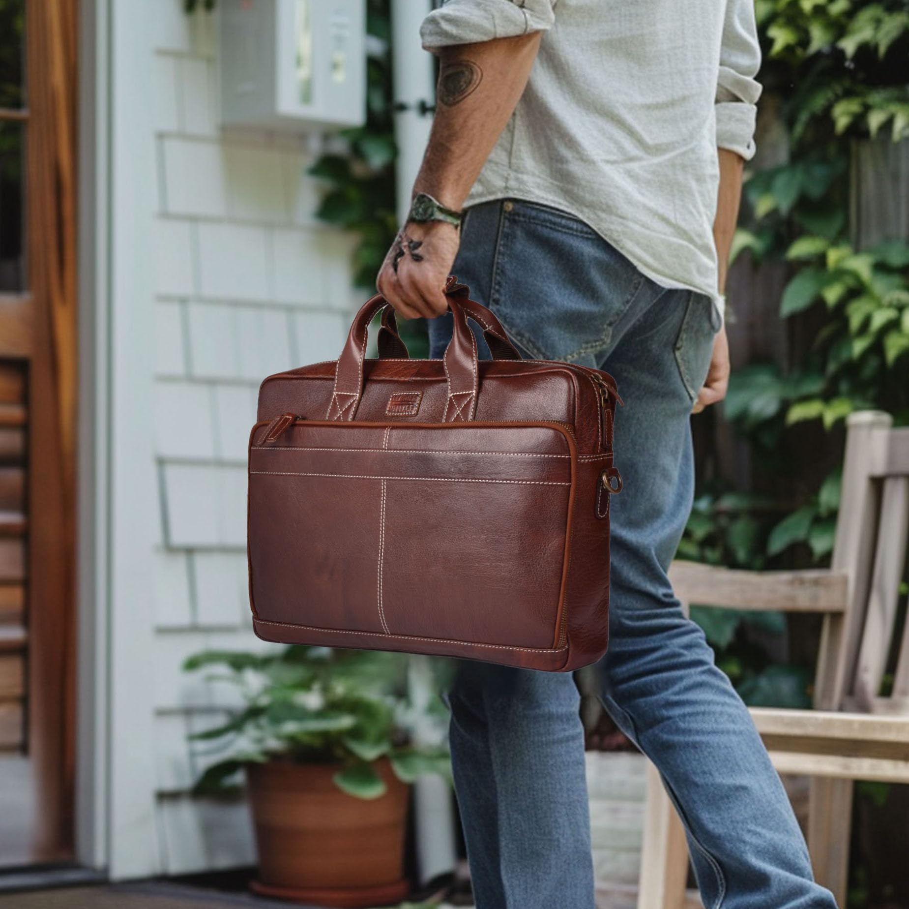 LEATHER VILLAGE 16" Leather Laptop Messenger Briefcase Bag for Men-Leather Satchel for Travel and Office Shoulder Bag-Black
