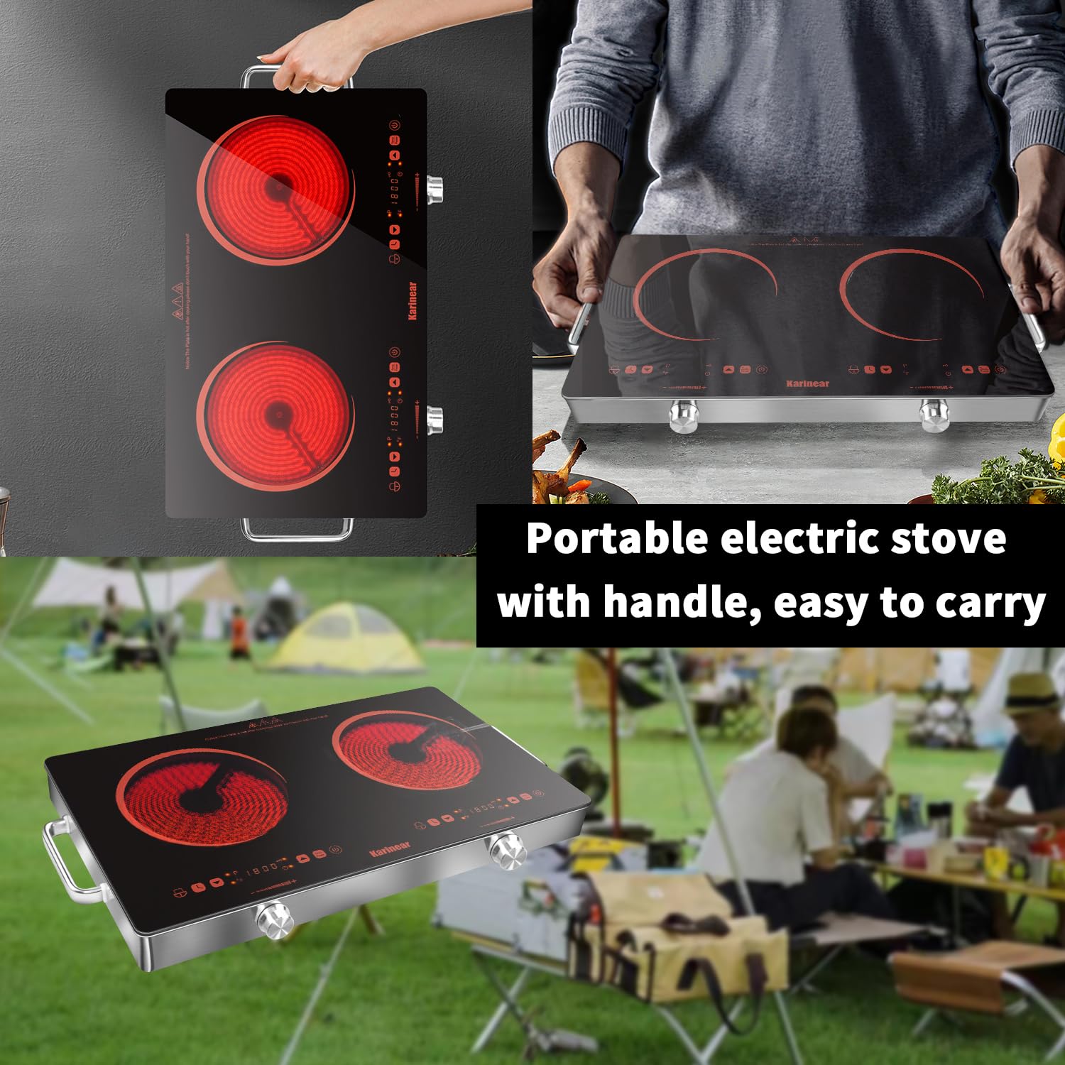 Karinear Portable Electric Stove 110V, 1800W Electric Hot Plate with Handle, Knob Control Single Burner Electri Cooktop, Ceramic Infrared Countertop Burner, Timer, Safety Lock(Green)