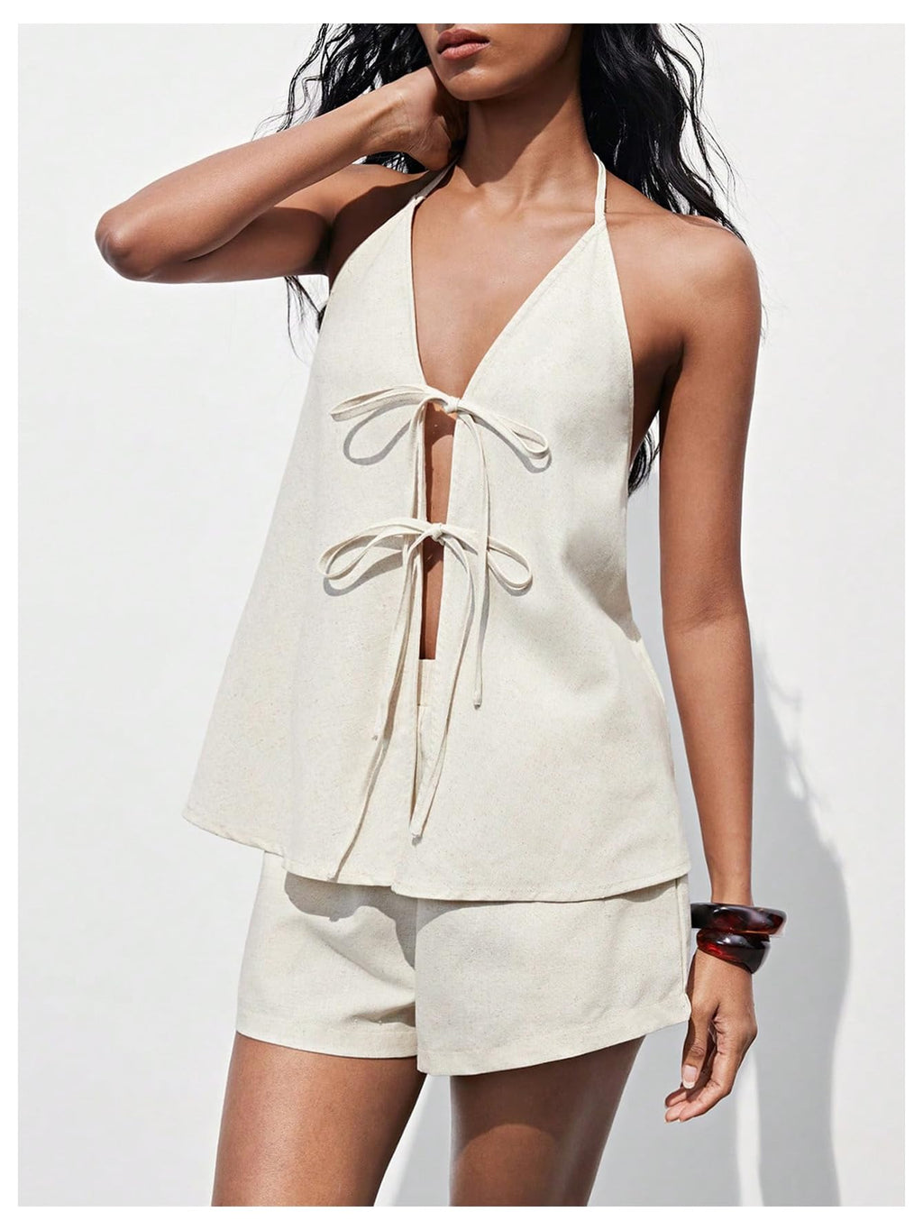MakeMeChic Women's Linen Two Piece Set Summer Tie Front Halter Tops Linen Shorts Sets Beach Vacation Outfits