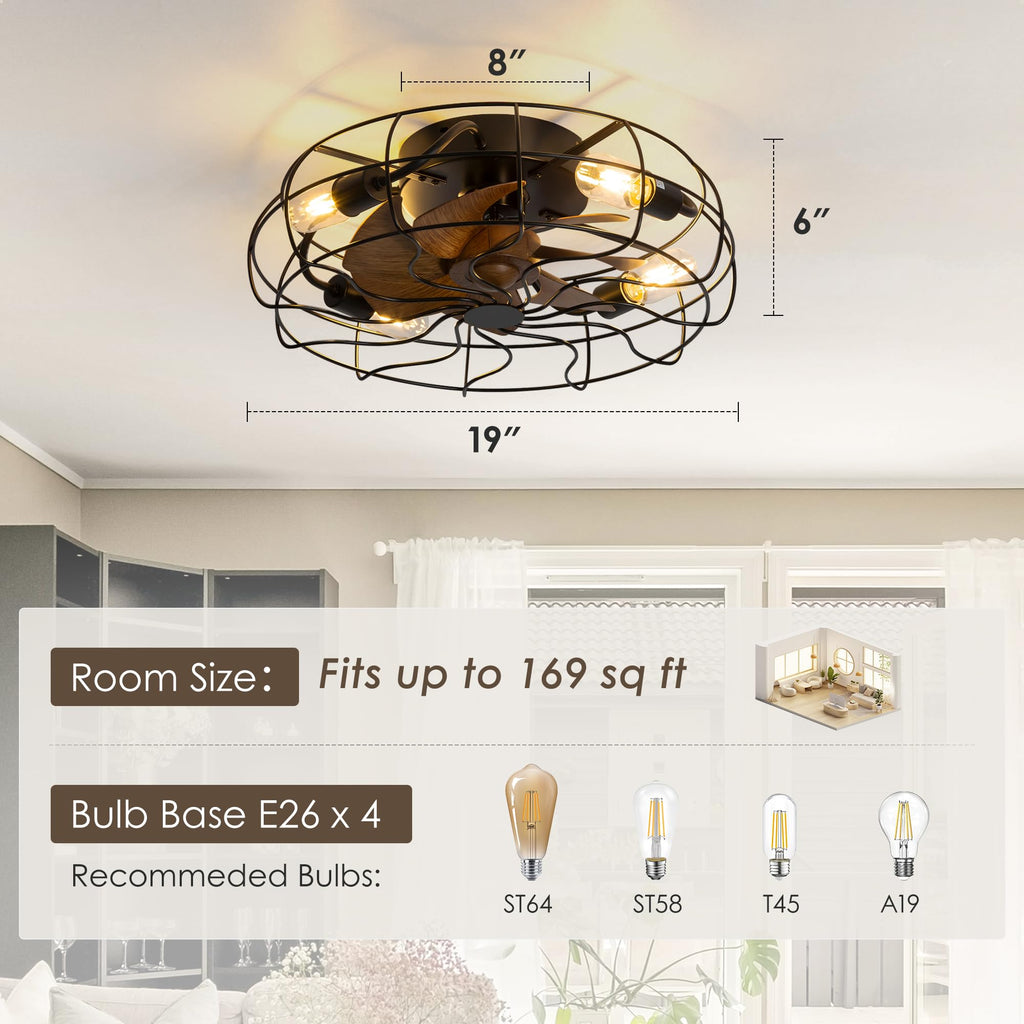 ZYD Caged Ceiling Fan with Light, 20" Ceiling Fan with Lights and Remote Flush Mount, Bladeless Caged Ceiling Fans with Lights, Matte Black Rustic Fan for Bedroom, Kitchen, Dining Room