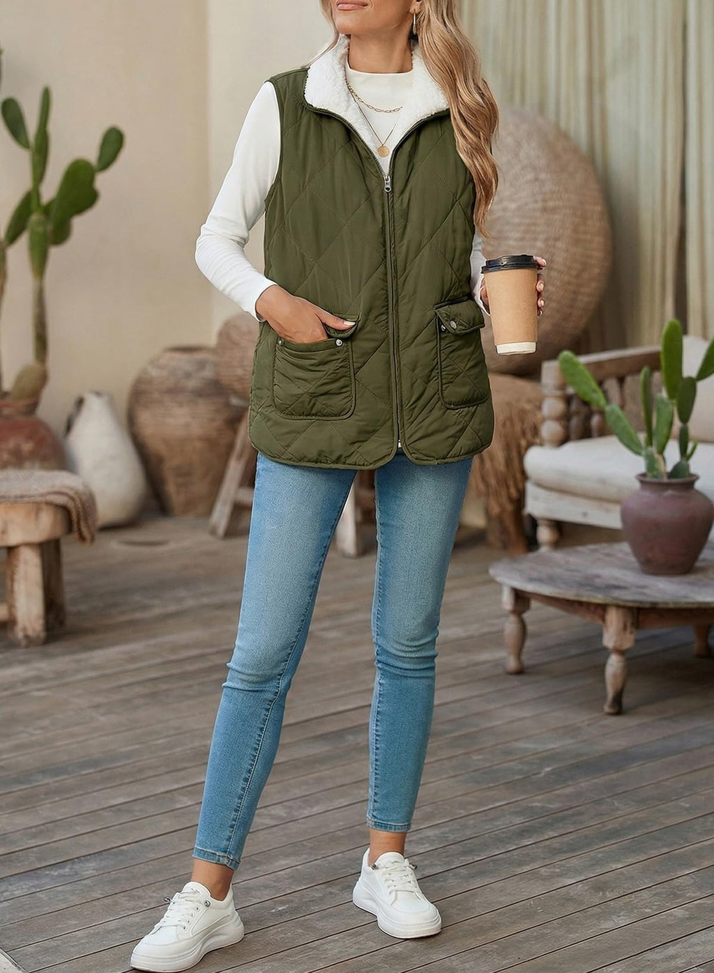 SHEWIN Women Puffer Vest Casual Stand Collar Sleeveless Puffer Jacket Warm Winter Reversible Zip Up Outerwear with Pockets