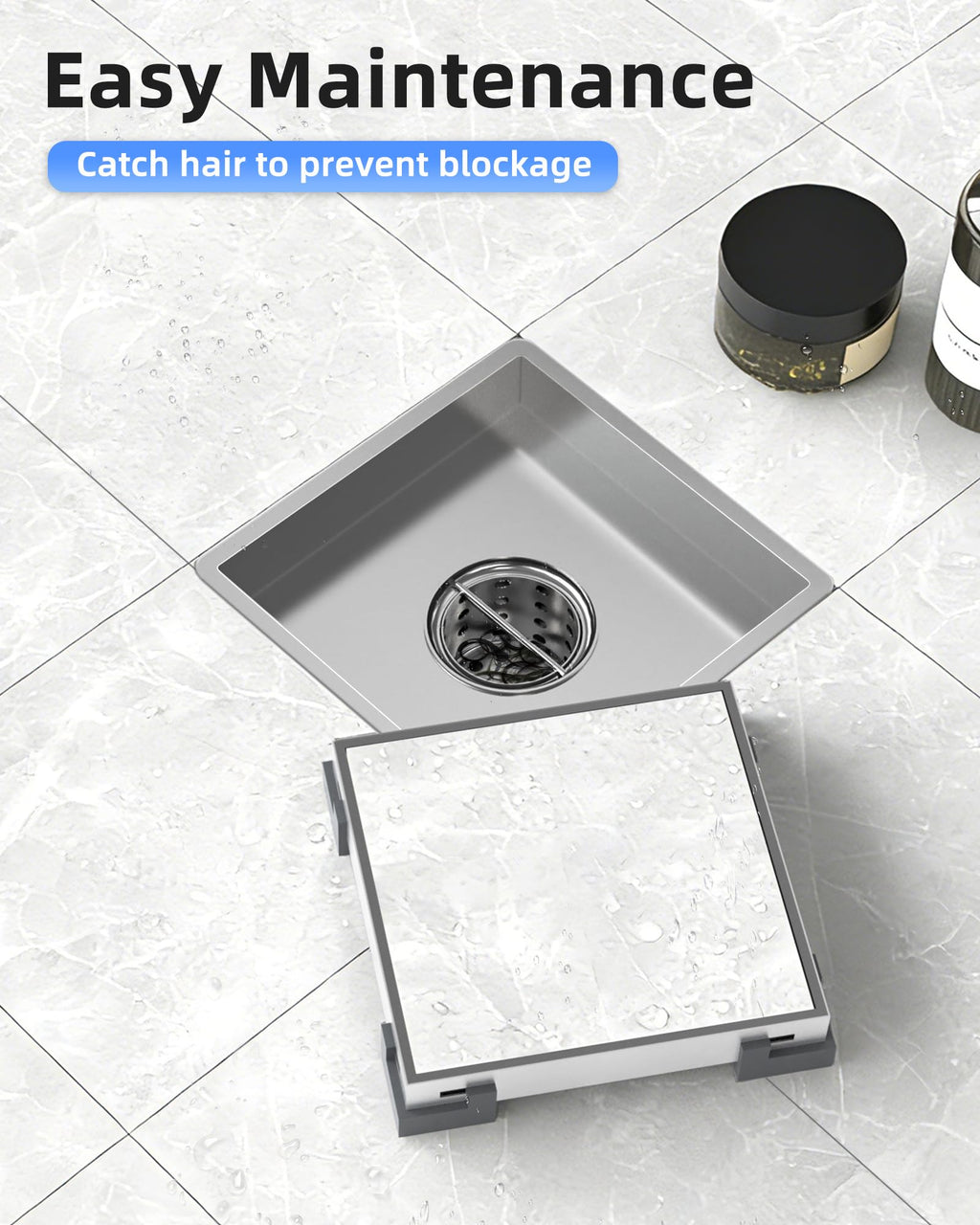 6 Inch Gold Shower Drain, Modern 2-in-1 Tiled Shower Drain - 304 Stainless Steel Square Shower Floor Drain for Bathroom, Brushed Gold Drain Shower with Tile Insert Grate Removable, Hair Strainer