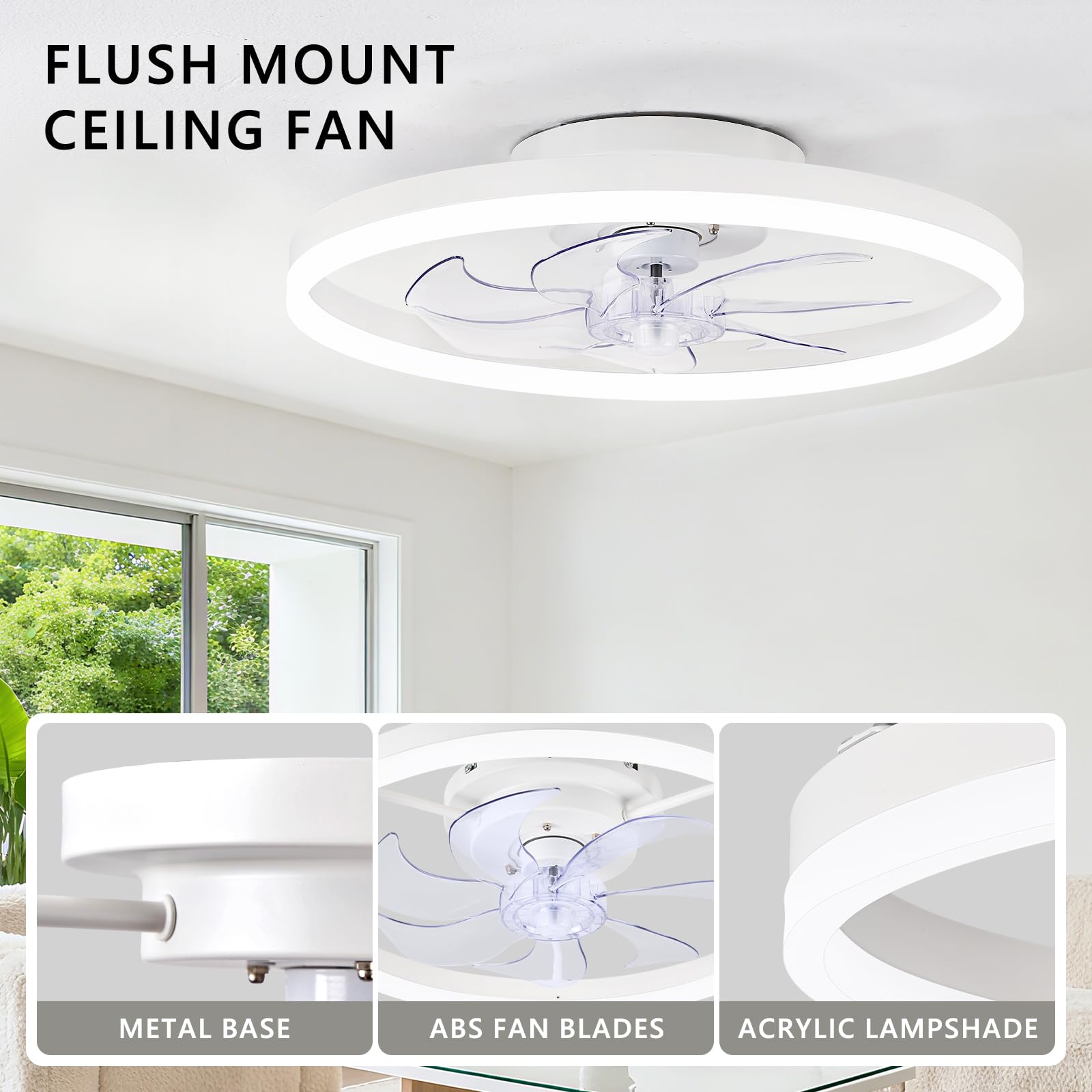16 Inch RGB Low Profile Ceiling Fans with Lights, Modern Flush Mount Fandelier Chandelier Fixture, Remote & APP Control, Black LED Ceiling Fan Light for Bedroom, Living Room, Kitchen Indoor