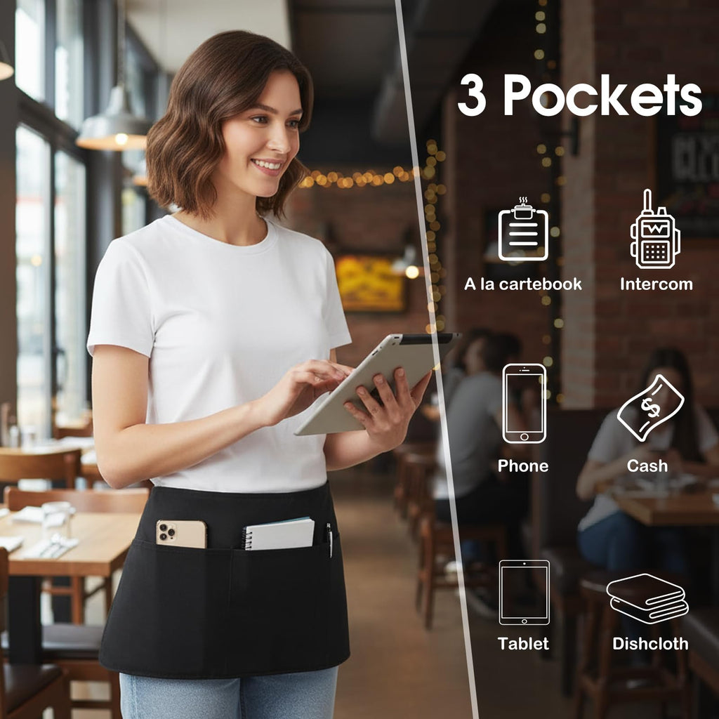 BOHARERS Waist Apron with 3 Pockets - White Waitress Waiter Server Short Apron