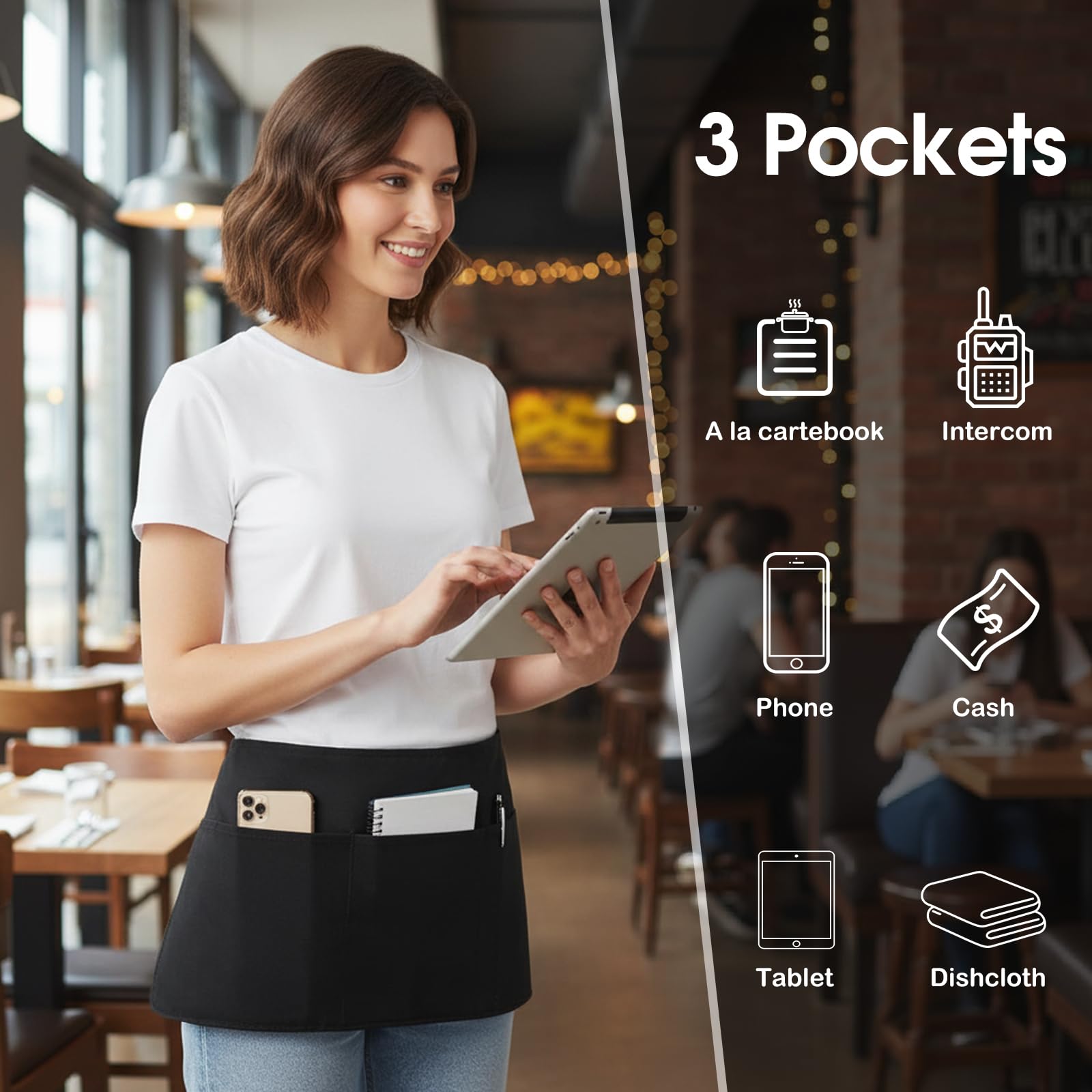 BOHARERS Waist Apron with 3 Pockets - White Waitress Waiter Server Short Apron