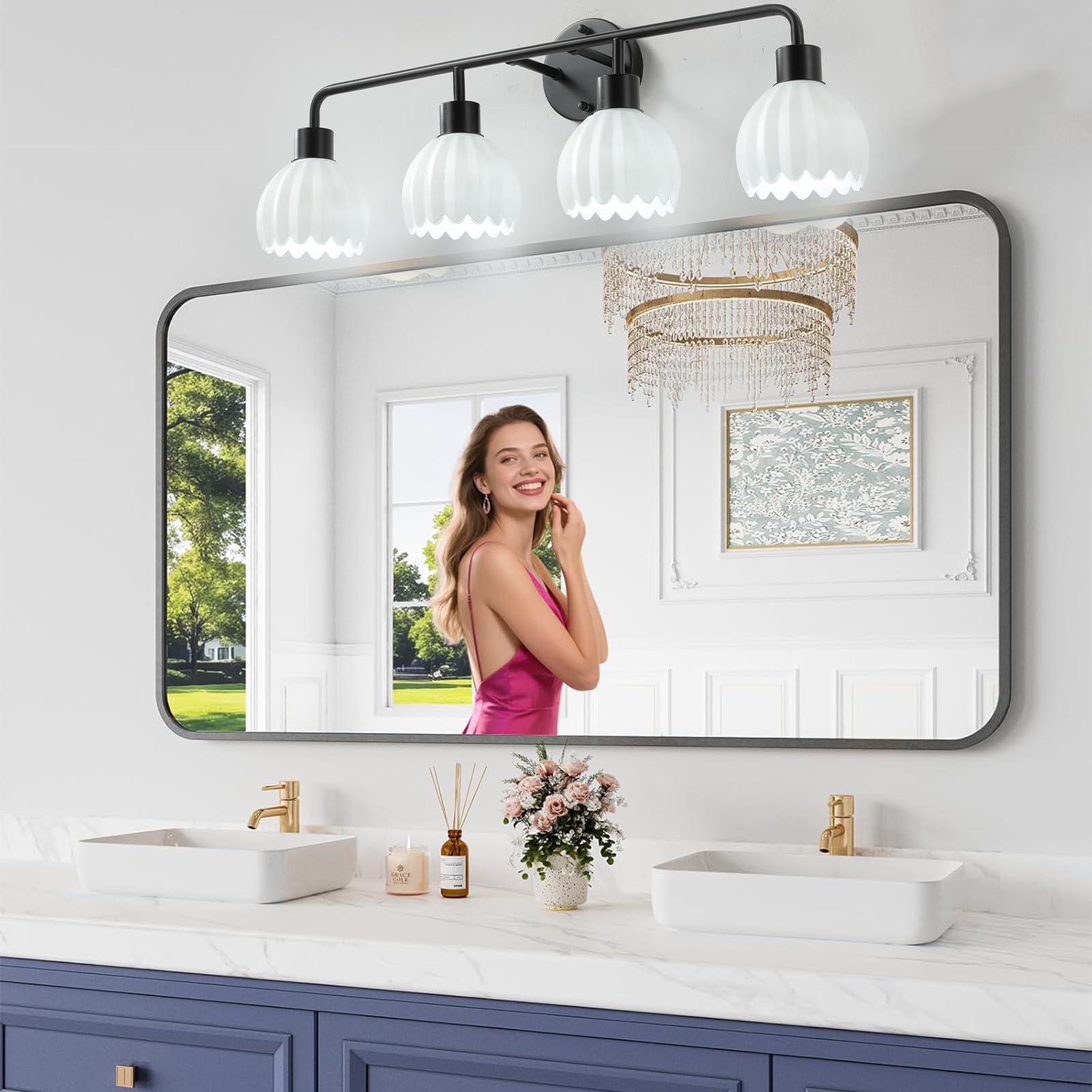 1-Light Gold Brass Bathroom Light Fixture,Wall Sconces set of 2,Brushed Gold Vanlity Light Over Mirror,Bathroom Vanity Light with White Tulip Glass Flower Shade,E26 Socket(Bulbs Not Included)