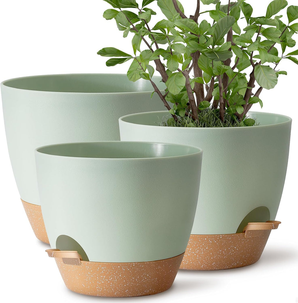 TYMENSH Plant Pots 12/10/9 Inch Set of 3, Self Watering Planters with Drainage Holes and Water Reservoir, Heavy Duty Plastic Flower Pots for Indoor Outdoor Plants, Green